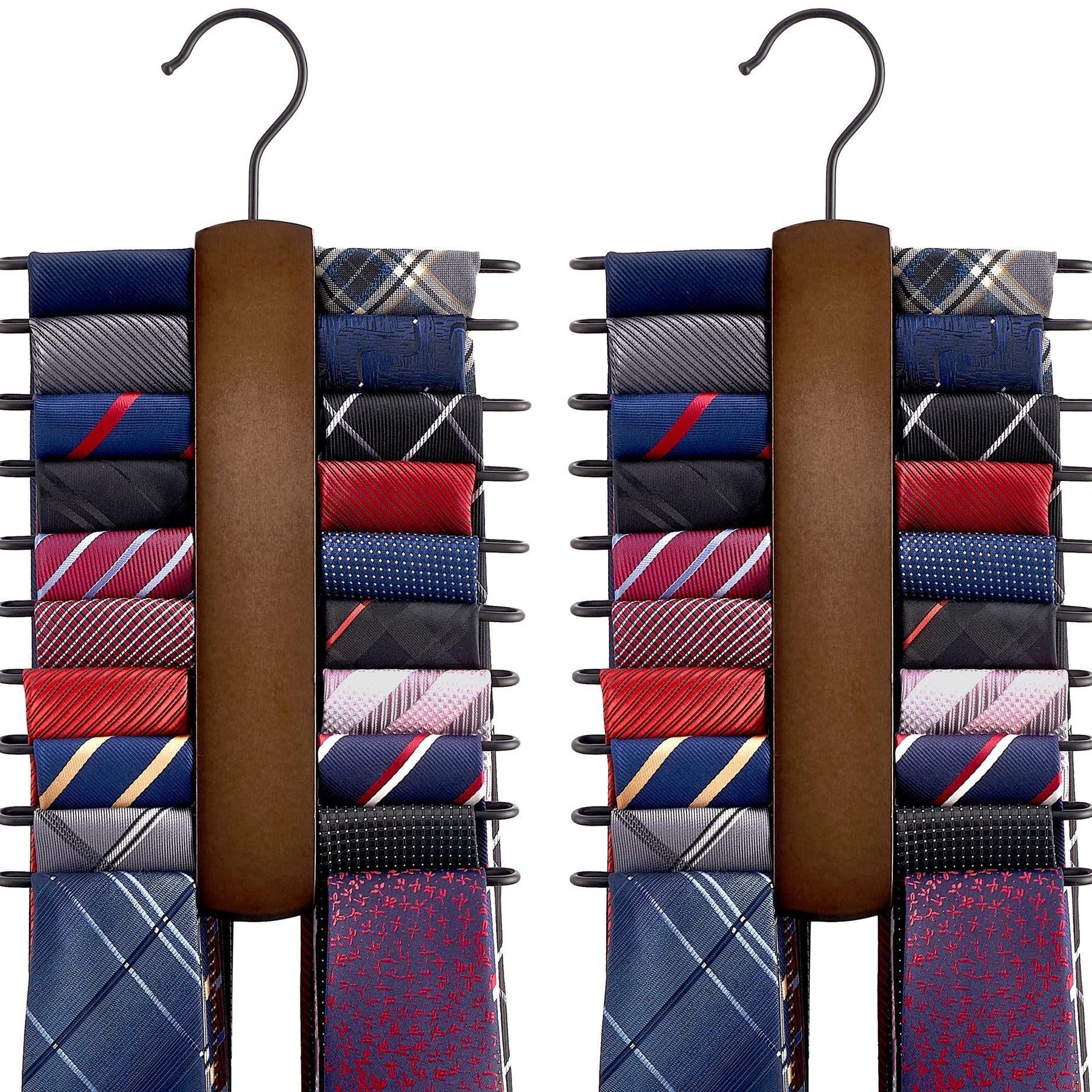 Mkono Wooden Tie Rack Retro Tie Belt Storage Hanger Organizer for Men Closet Space Saving Rack with 20 Non-Slip Hooks for Ties Belt Scarf Organize 360 Degree Rotate Hanger Tie Display Holder, 2 Pieces