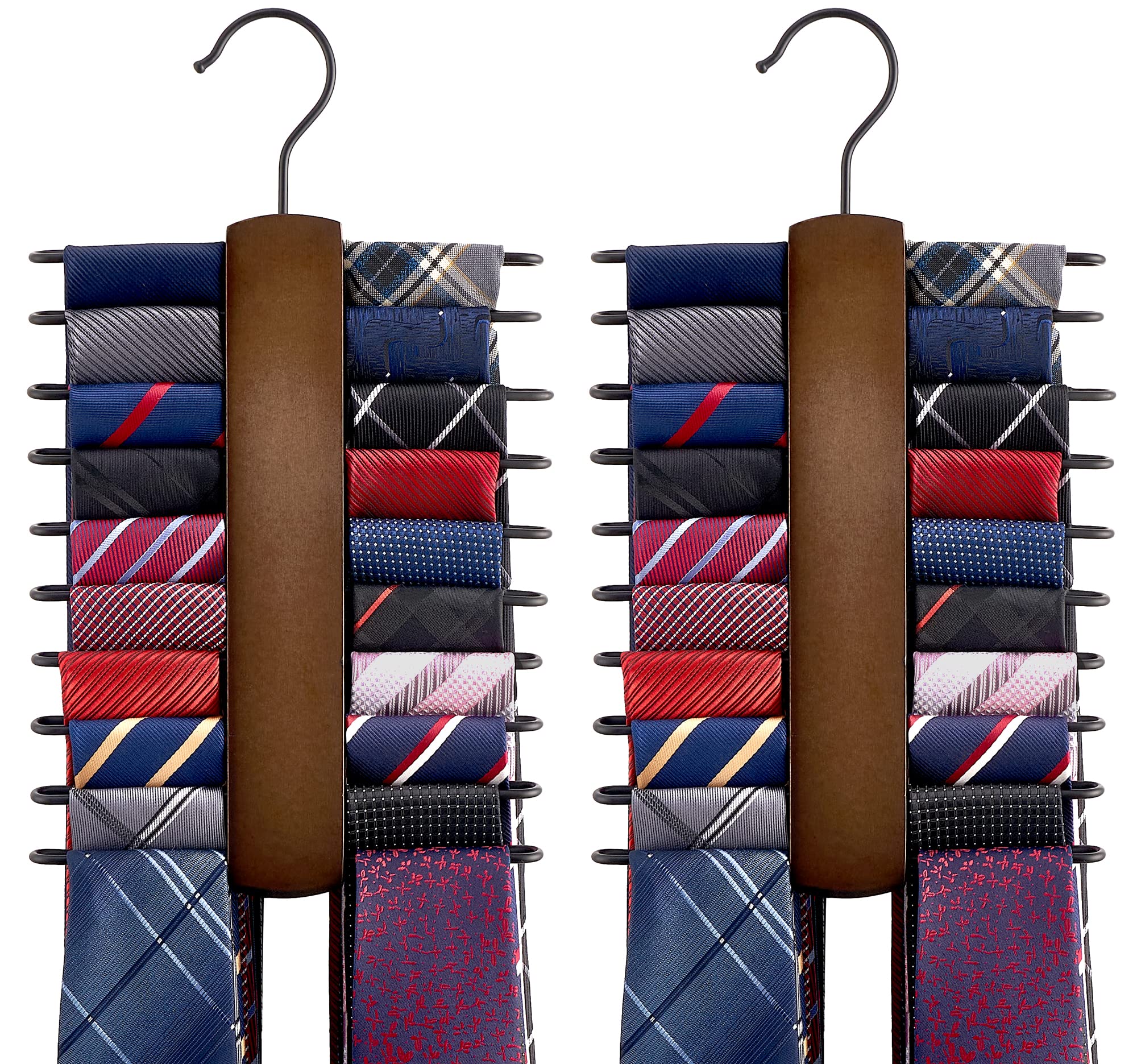 Mkono Wooden Tie Rack Retro Tie Belt Storage Hanger Organizer for Men Closet Space Saving Rack with 20 Non-Slip Hooks for Ties Belt Scarf Organize 360 Degree Rotate Hanger Tie Display Holder, 2 Pieces