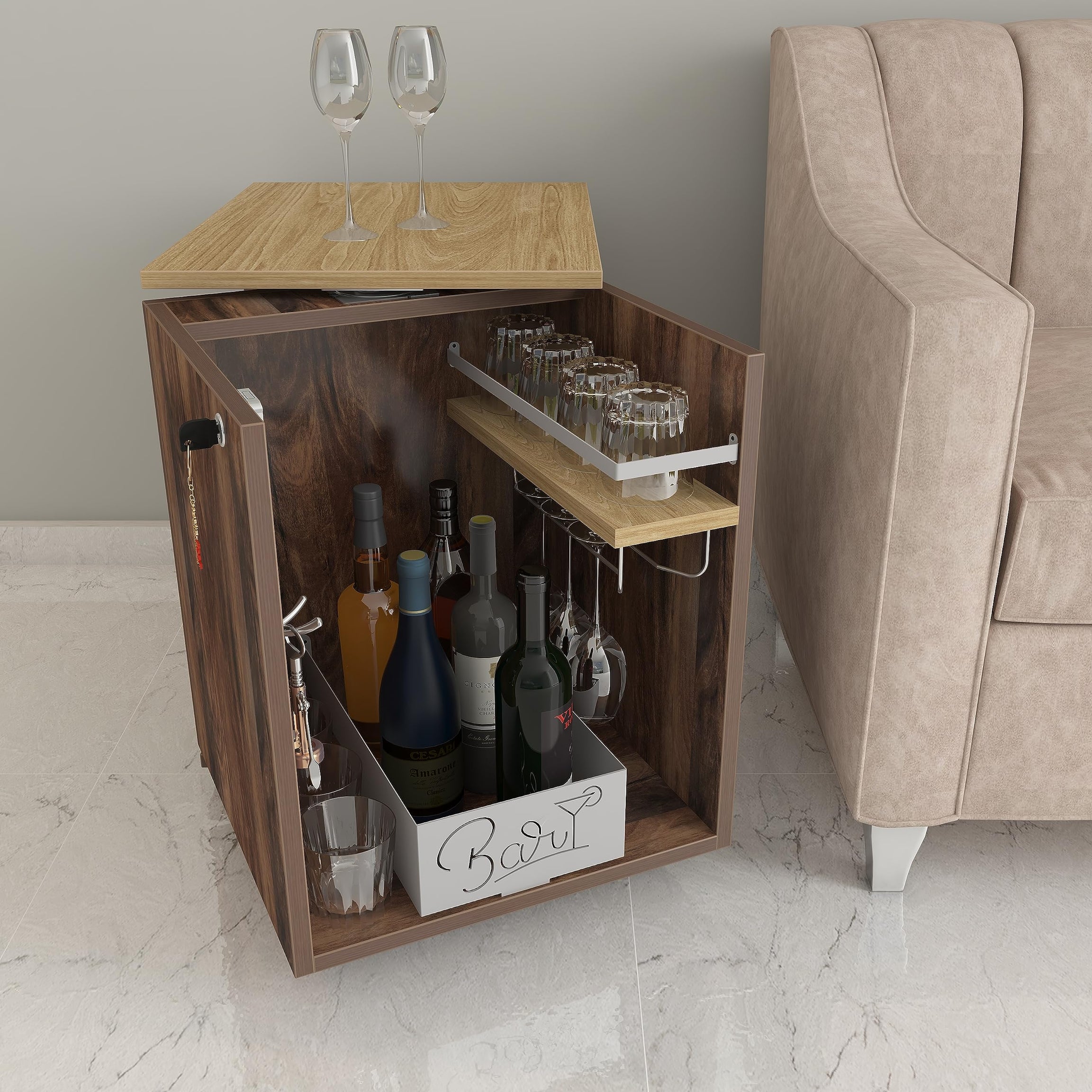 Studio Kook Classic Mini Bar | Engineered Wood Bar Cabinet (Junglewood, Matte Finish), Brown, Set of 1