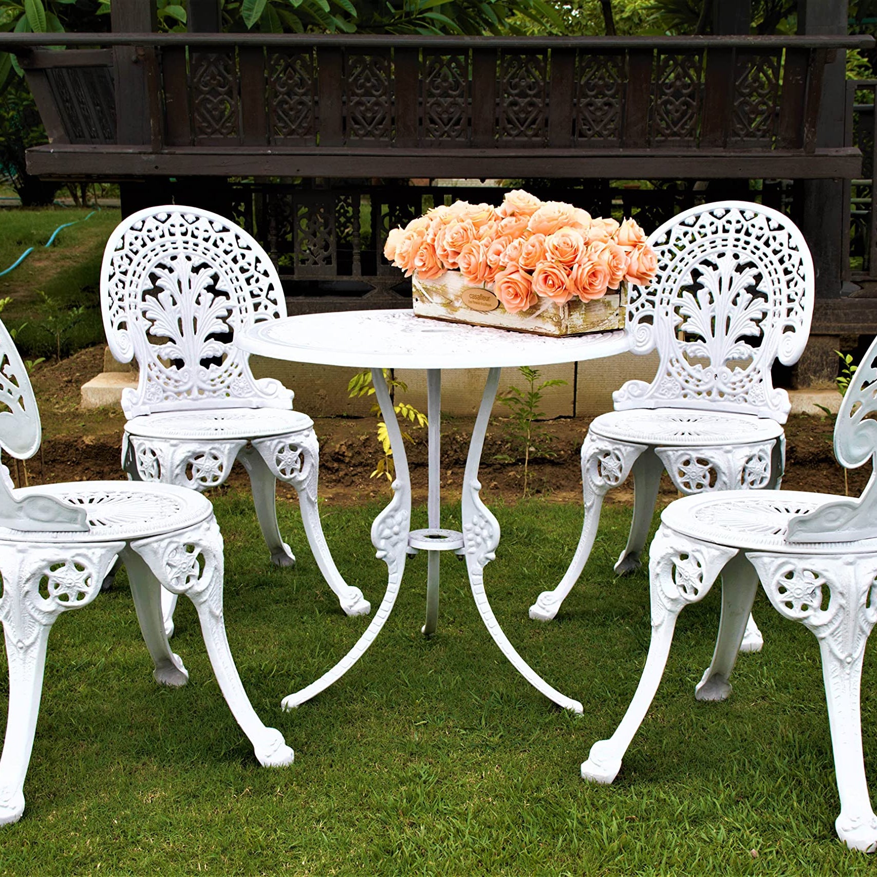 Art & Abode Cast Aluminum Furniture | Aluminum Patio Furniture | Bistro Chair & Round Coffee Table Set for Garden, Outdoor, Balcony, Roof Top with 1 Round Table and 4 Chairs (White)