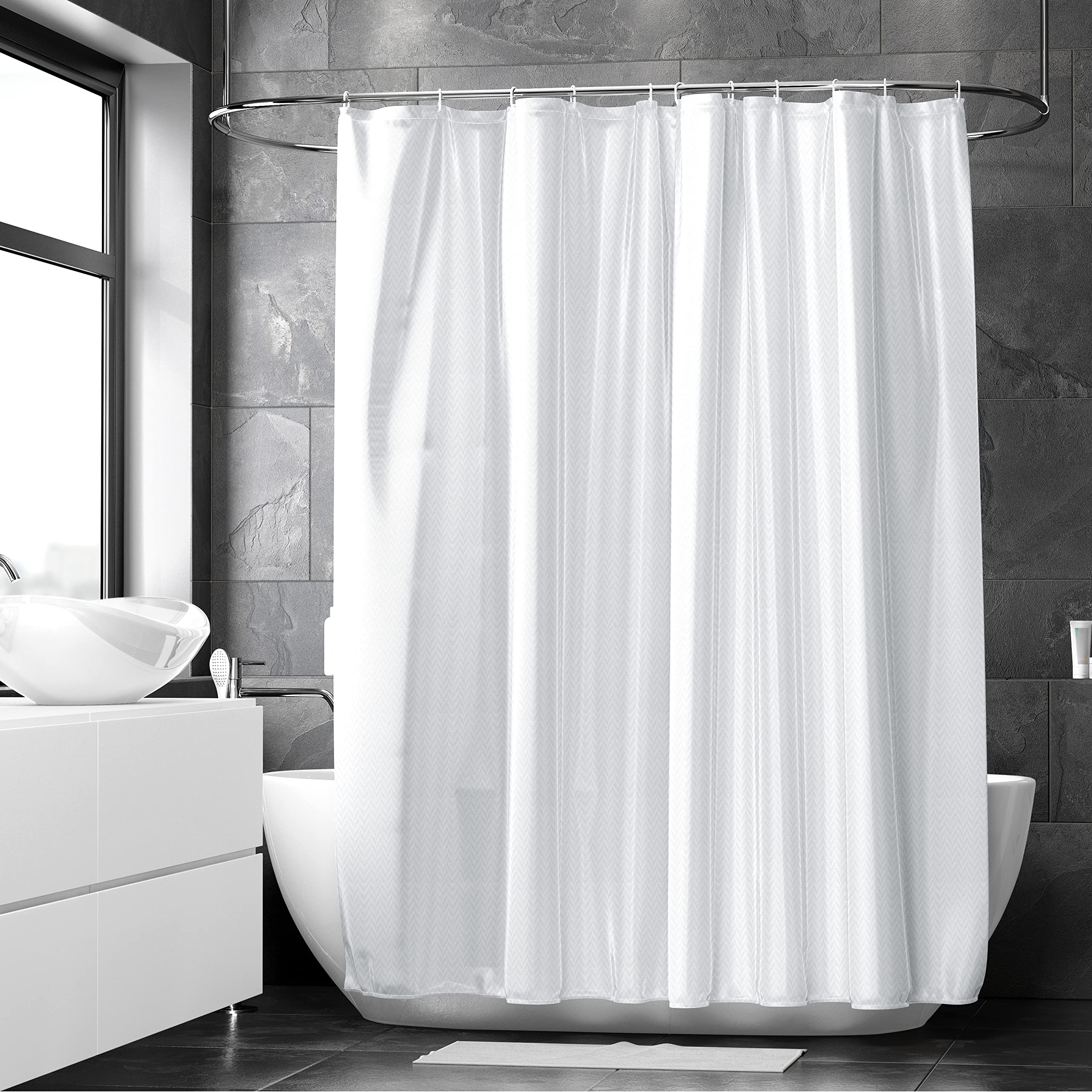 Encasa Shower Curtain Waterproof | ZZ White Bathroom Curtains for Women & Men with 10 Hooks | Easy Installation | Quick-Drying Curtains | (183x213 cm)