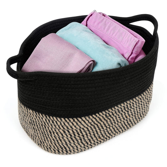 ABOUT SPACE Wardrobe Organizer - Rope Basket Small,Cotton Decorative Bin for Living Room Toy Storage, Closet Basket with Handle for Towel,Cushion, Books (L 33 x B 23 x H 23 cm)