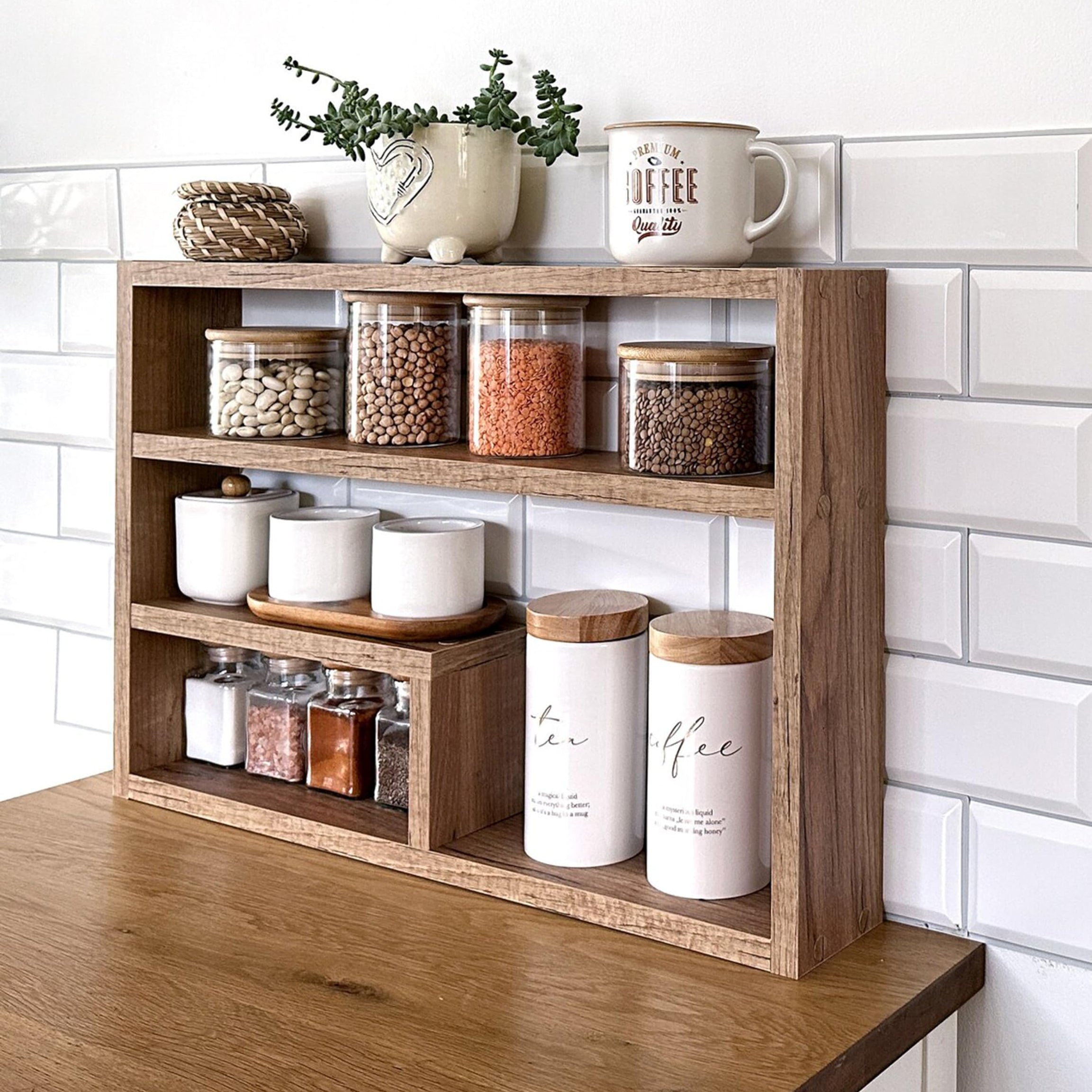 Insight Arts Kitchen Counter Shelf, Countertop Spice Rack, Kitchen Countertop Shelf, Shelf Rack Counter Top Organizer, Modern Farmhouse Kitchen Décor-Brown M