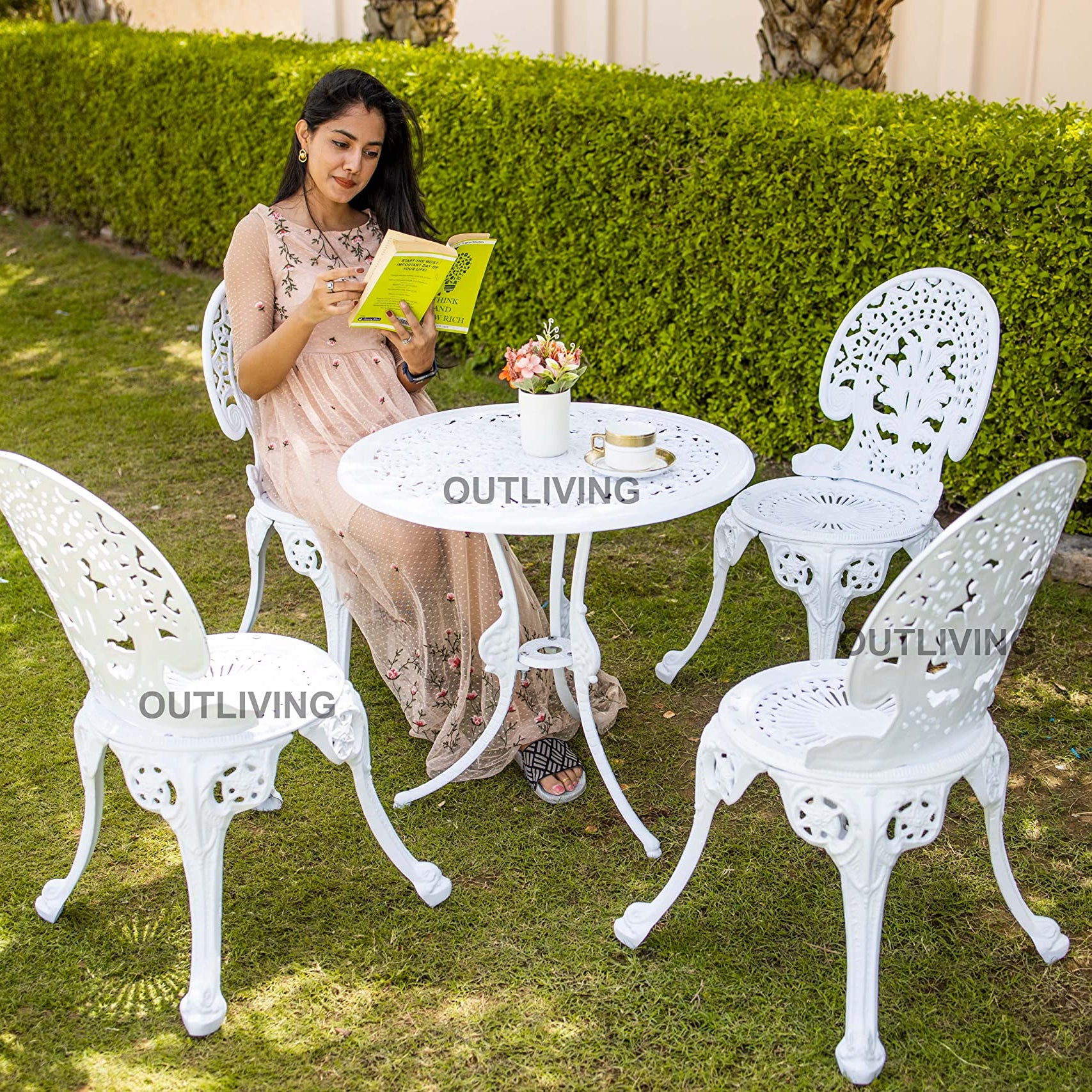 OUTLIVING Cast Aluminium 4 Seater Garden Patio Seating Chair and Table Set for Balcony Home Outdoor Patio Furniture with 1 Table and 4 Chair - (White)