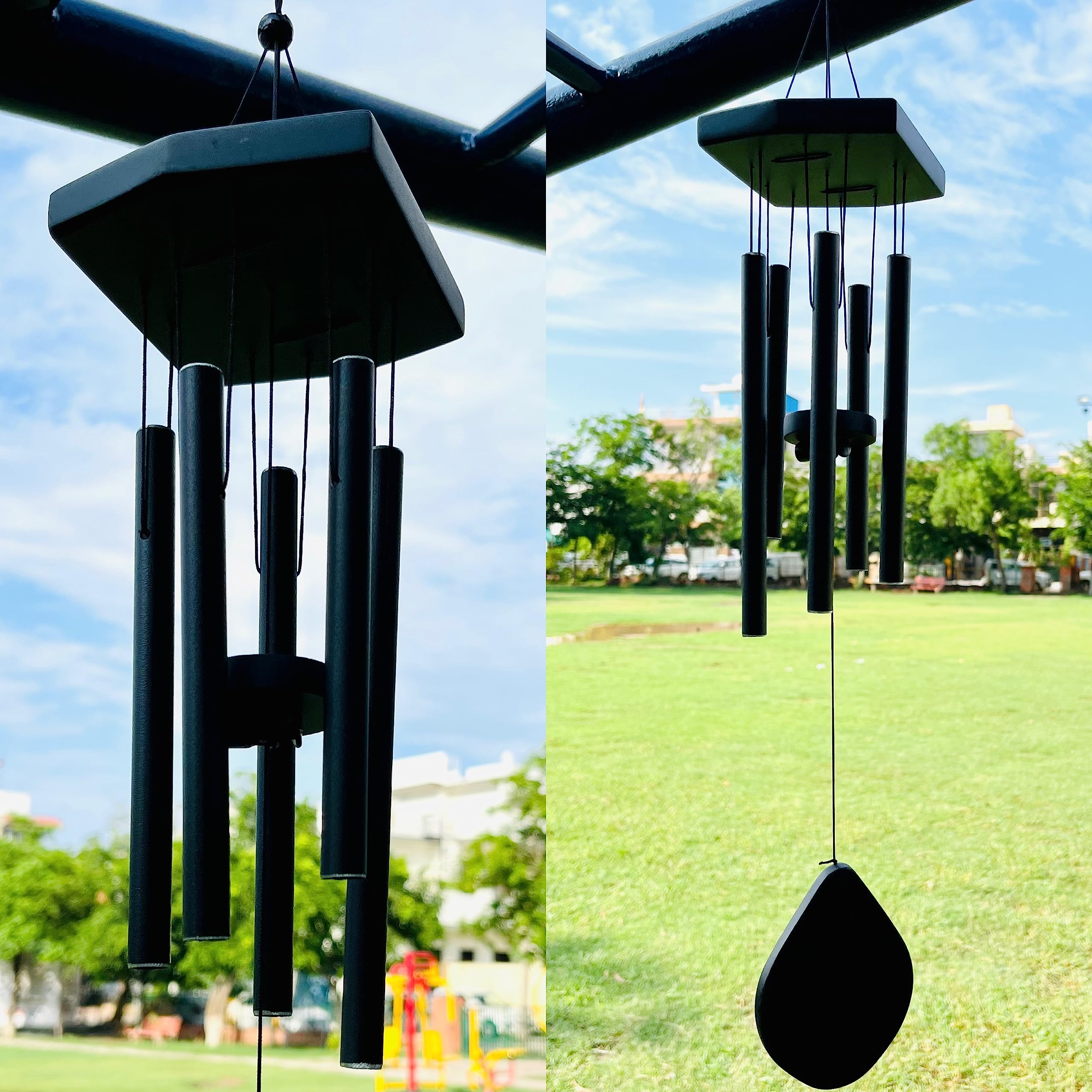 WS Black Aluminium Wind Chime for Home | 5 Pipe Wind Chime for Positive Energy | Good Luck Chimes for Home/Balcony Decoration