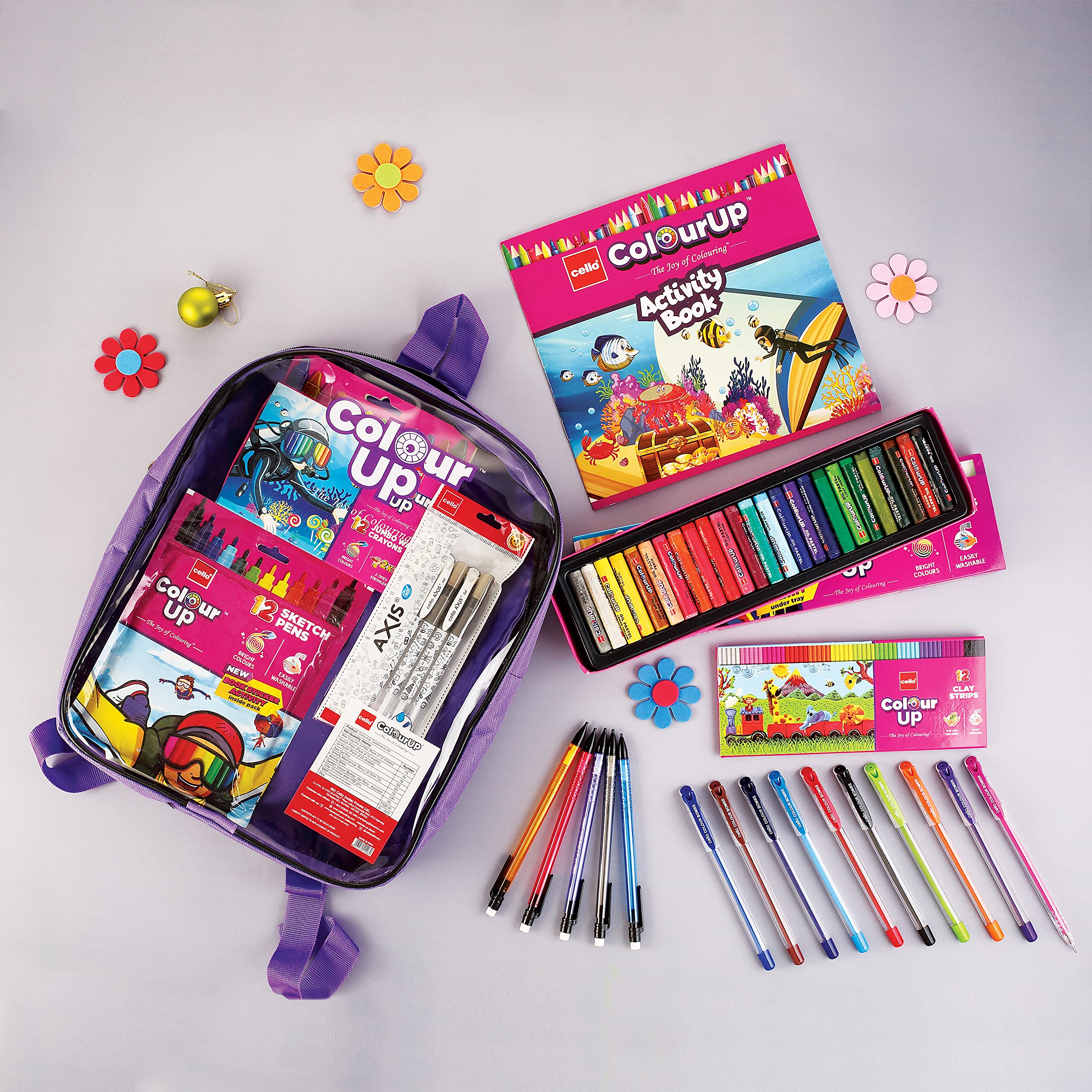 Cello ColourUp Hobby Bag | Colouring Kit includes Crayons, Colour Pencils, Sketch Pens & Activity Book | Travel Friendly Back Pack Bag | Ideal for Kids Gifting, Assorted