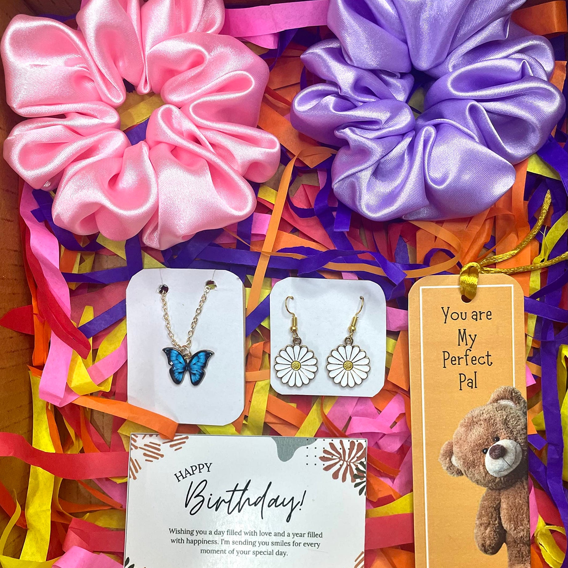 Birthday Gift Combo for Women and Girls 2 Hair Scrunchies, 1 Blue Butterfly Chain, 1 White Daisy Earring, 1 Bookmark, 1 Happy Birthday Card, Gift Combo