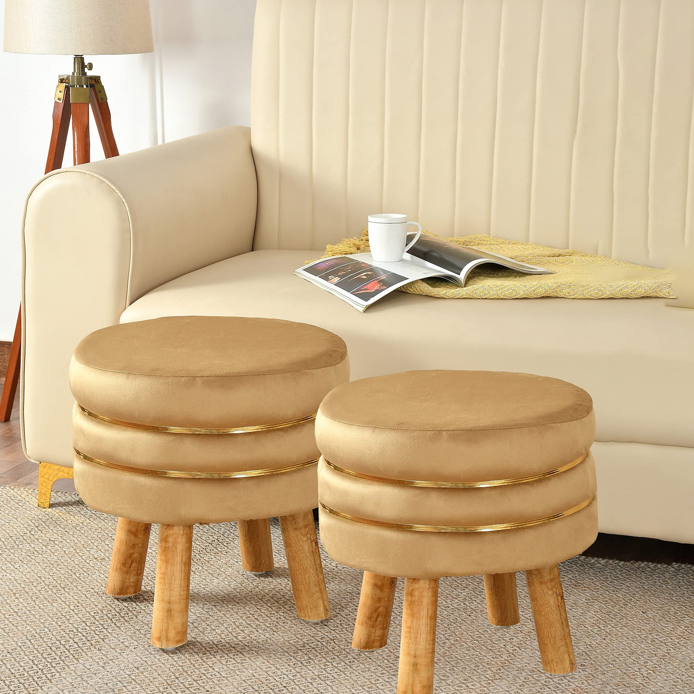 SR CREATIONS Ottoman Pouffes Sitting Stool for Living Room Velvet Wooden Furniture Puffy Footrest Foot Footrest Seat Pouf Footstool for Office Home Decor, 16x16x17 Inches, Beige