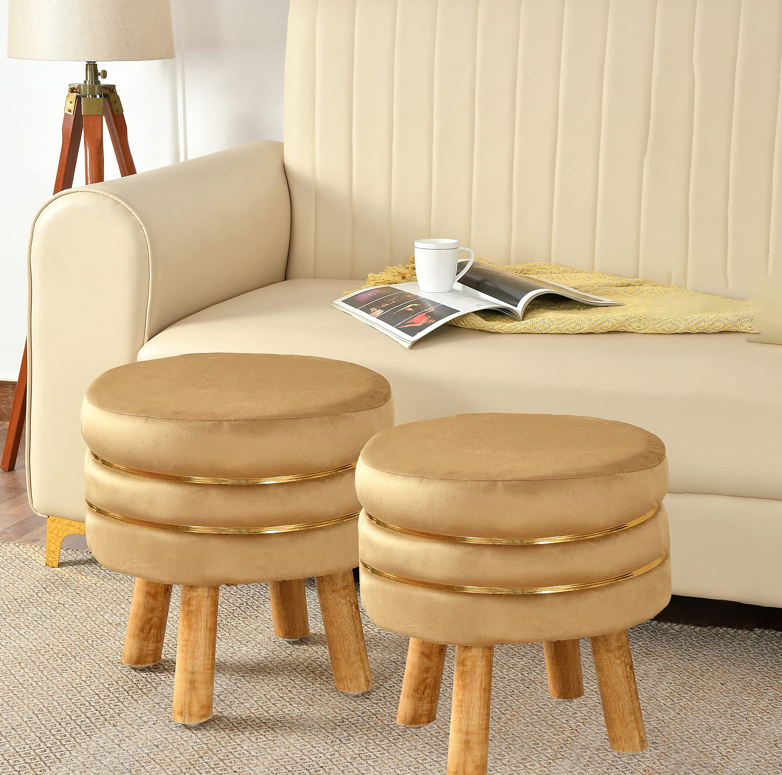 SR CREATIONS Ottoman Pouffes Sitting Stool for Living Room Velvet Wooden Furniture Puffy Footrest Foot Footrest Seat Pouf Footstool for Office Home Decor, 16x16x17 Inches, Beige