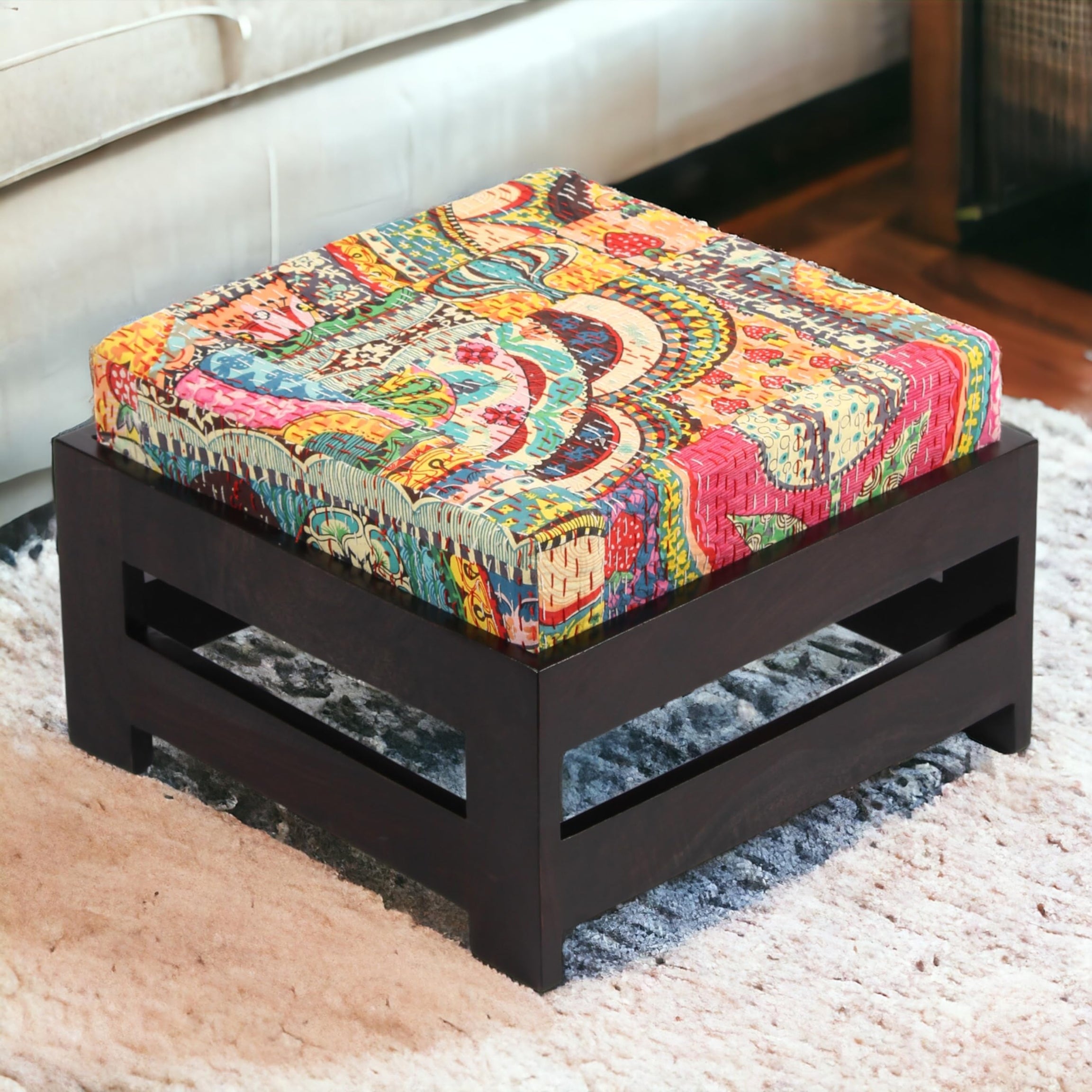 Ikiriya Amber Solid Sheesham Wood Ottoman Pouffes for Sitting Stool for Living Room (Mahogany & Fabric: Israel Print Kantha) - 18 x 18 x 12 Inch