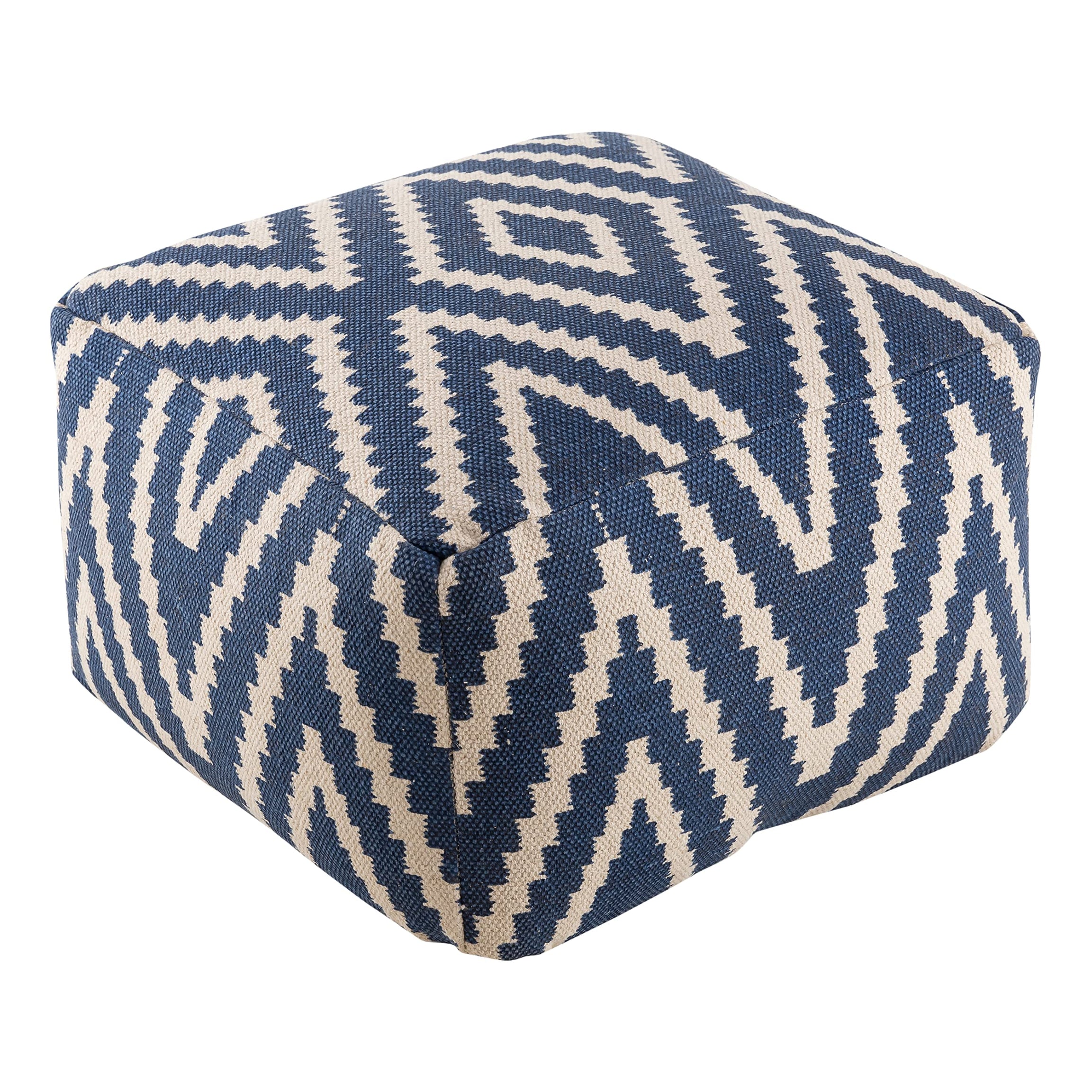 Sanyog Designs Handmade 100% Cotton Diamond Kilim Printed Pouf Ottoman Floor Cushion - Navy - Puffy for Footrest Suitable for Living Room, Dressing Room, Bedroom, Children's Room, Office