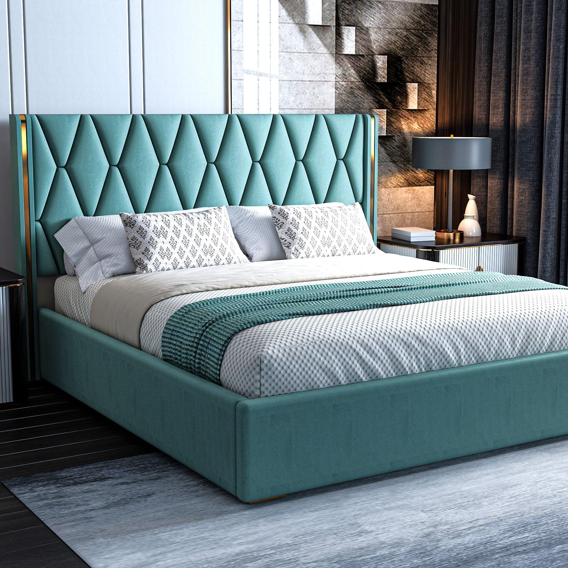 Acacia Modern Upholstered King Size Bed with Box Storage for Bedroom | Wooden Double Bed with Storage | Platform Cot Bed with Upholstery Premium Fabric | 6.5 x 6 Ft | Sheesham Solid Wood (Greendust)