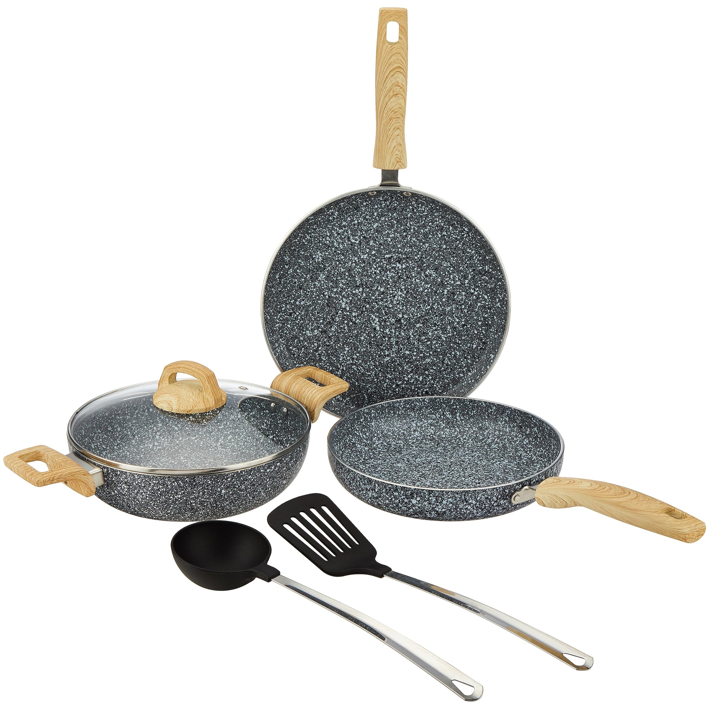 amazon basics 5-Piece Non-Stick Cookware Set, Granite Finish, Induction Base (1 Tawa - 28 cm, 1 Fry Pan - 24 cm, 1 Kadai - 24 cm, 1 Glass Lid and 2 Nylon Spatulas; Granito Grey)