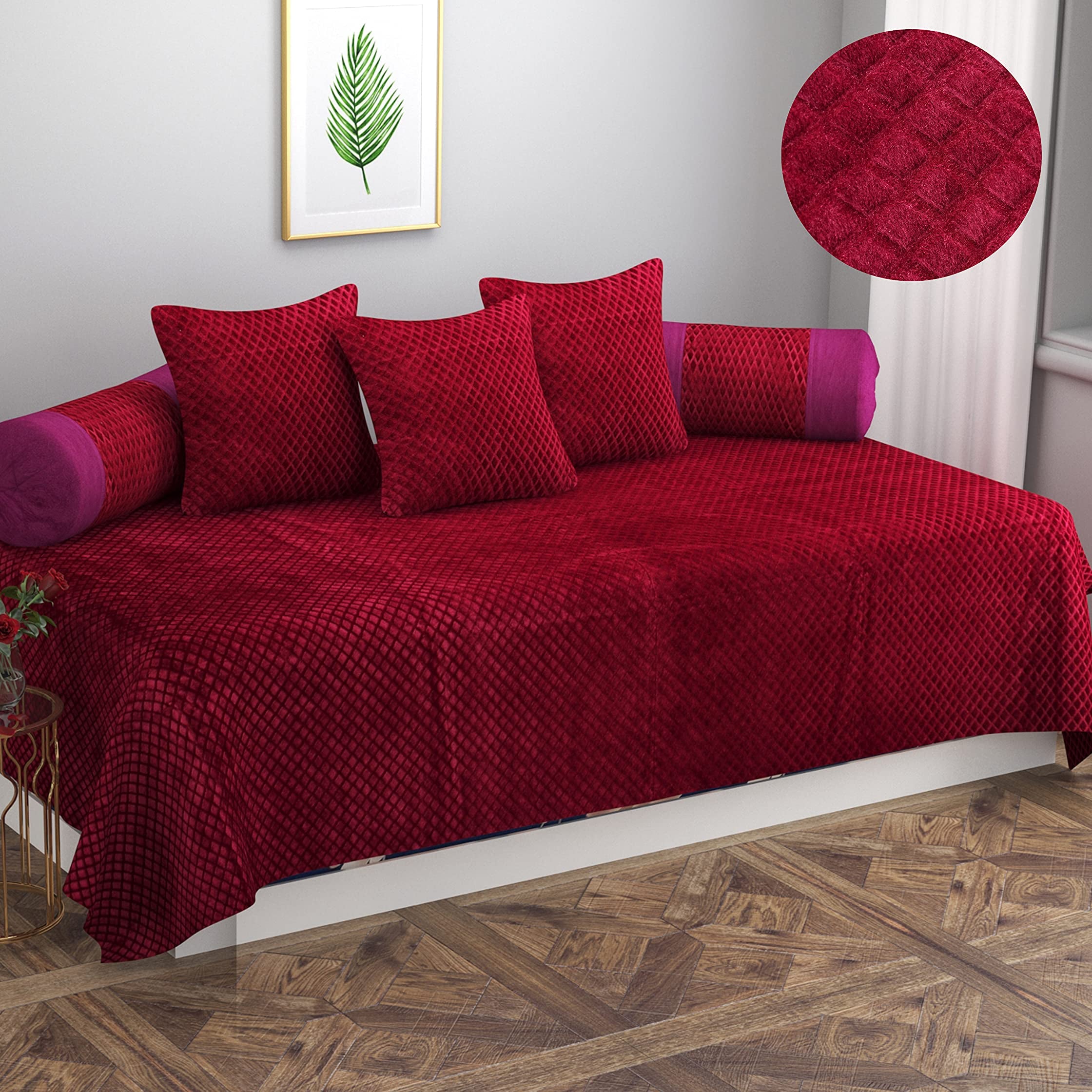 Zesture Bring Home Premium Embossed Velvet Pixel Design 6 Piece Diwan Set -(1 Single Bedsheet, 3 Cushions, 2 Bolster Covers) (Maroon)