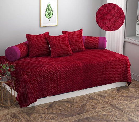 Zesture Bring Home Premium Embossed Velvet Pixel Design 6 Piece Diwan Set -(1 Single Bedsheet, 3 Cushions, 2 Bolster Covers) (Maroon)