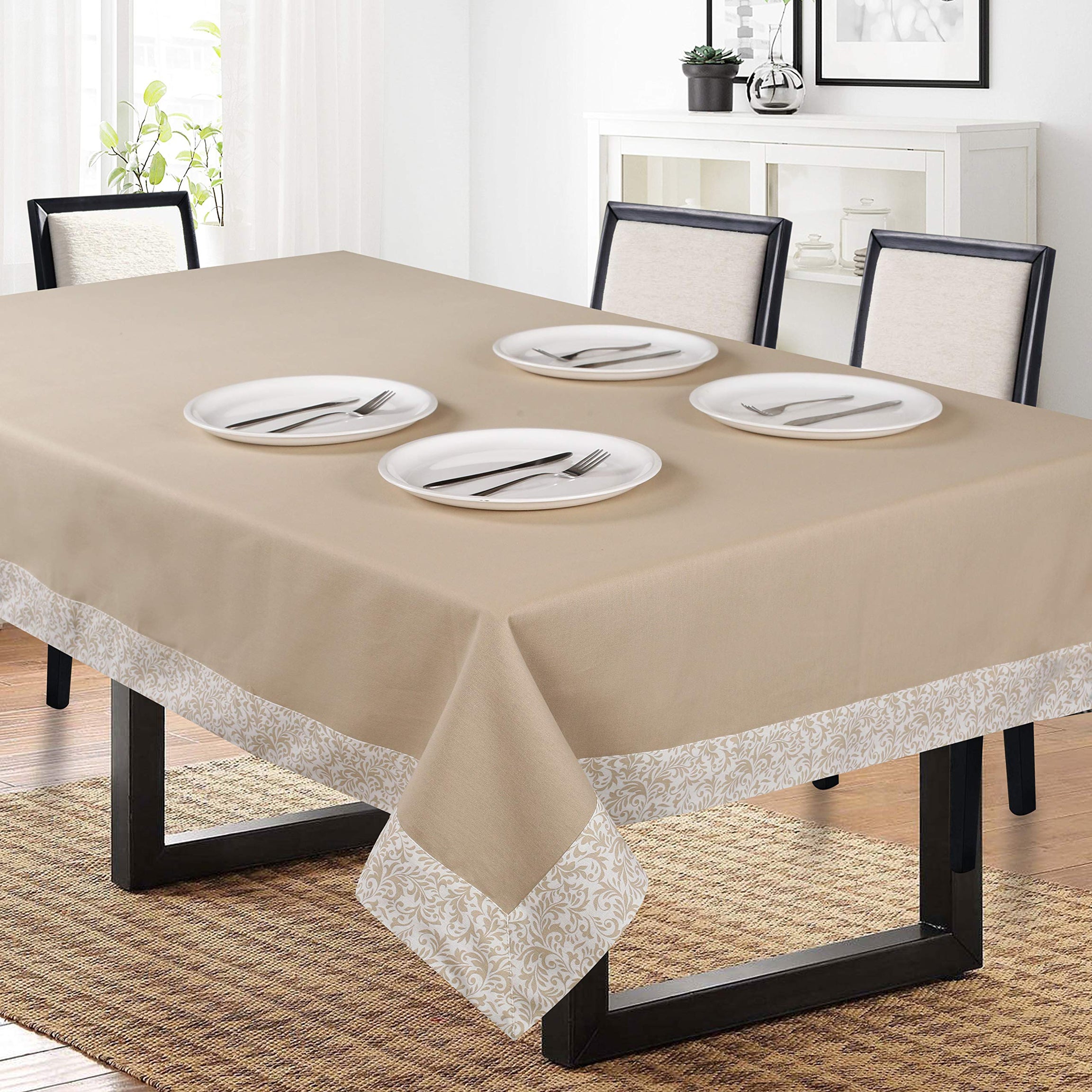 SHADES OF LIFE Beige Plain Cotton Dining Table Cover 6 Seater with Paisley Border Center Table Linen Cloth (60''x 90''inch), Anti Skid & Stain Resistant for Home & Restaurant Décor