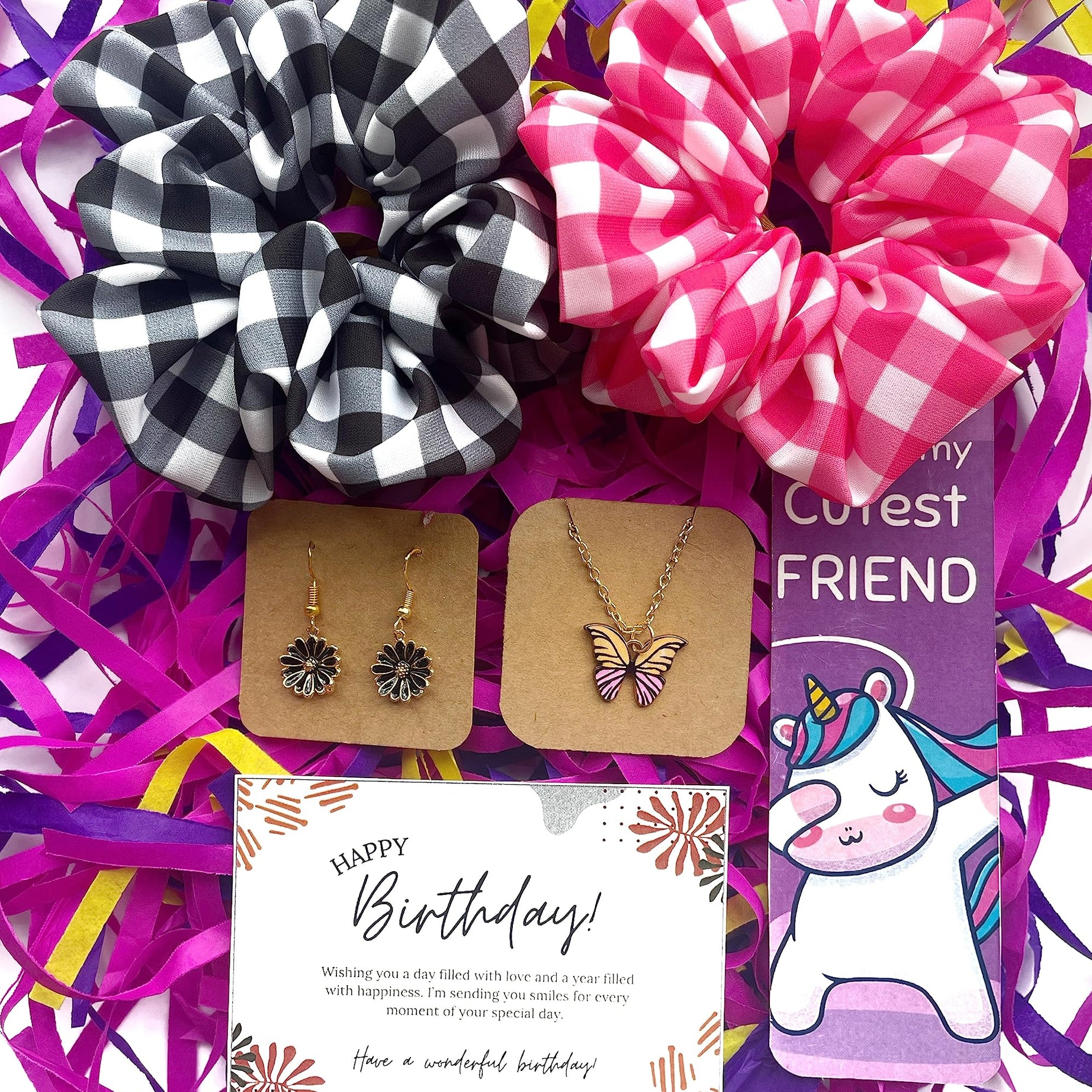 Birthday Gift Combo, 2 Checkered Theme Hair Scrunchies, Pink Butterfly Chain,Black Daisy Earrings, Birthday card and Bookmark