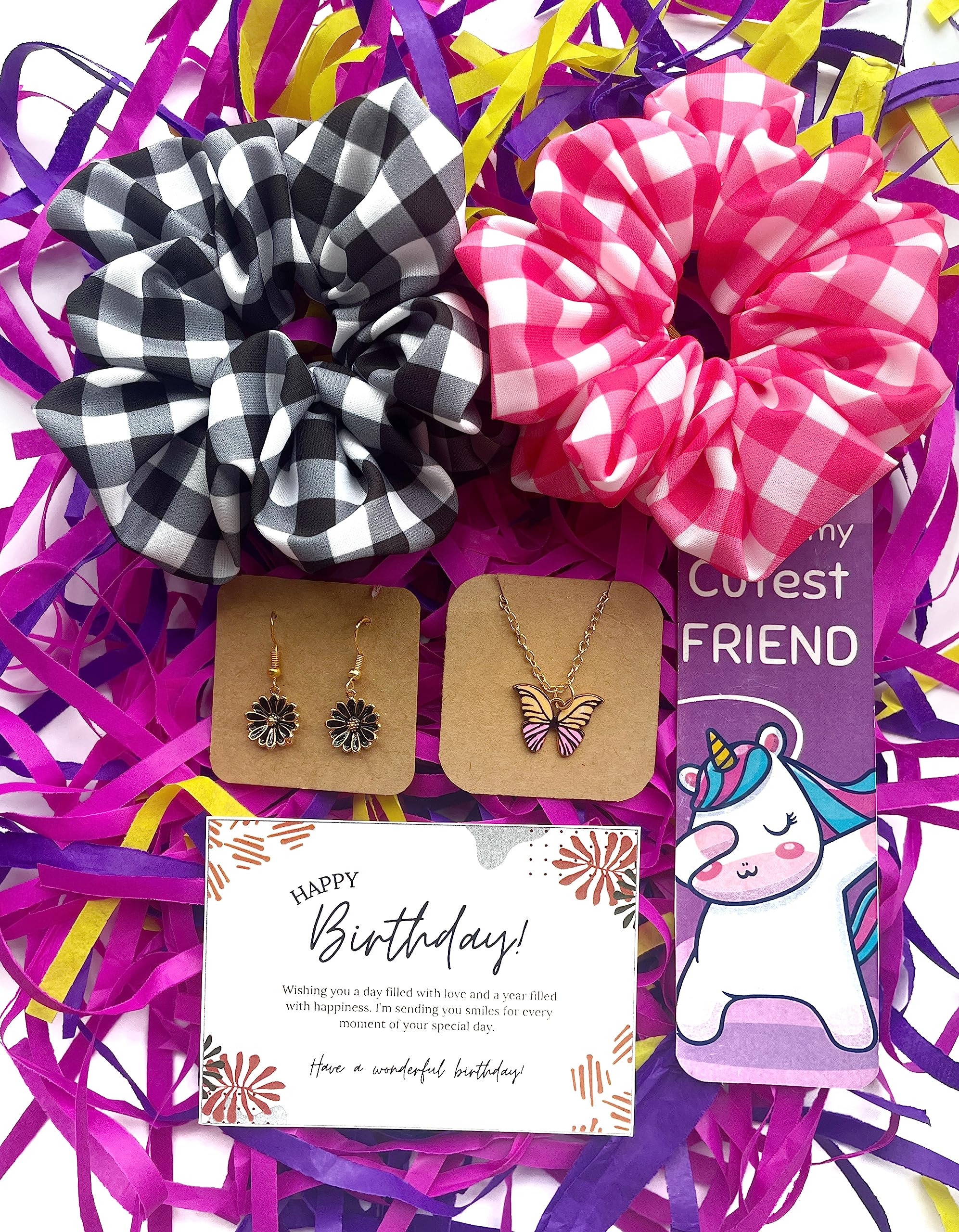 Birthday Gift Combo, 2 Checkered Theme Hair Scrunchies, Pink Butterfly Chain,Black Daisy Earrings, Birthday card and Bookmark