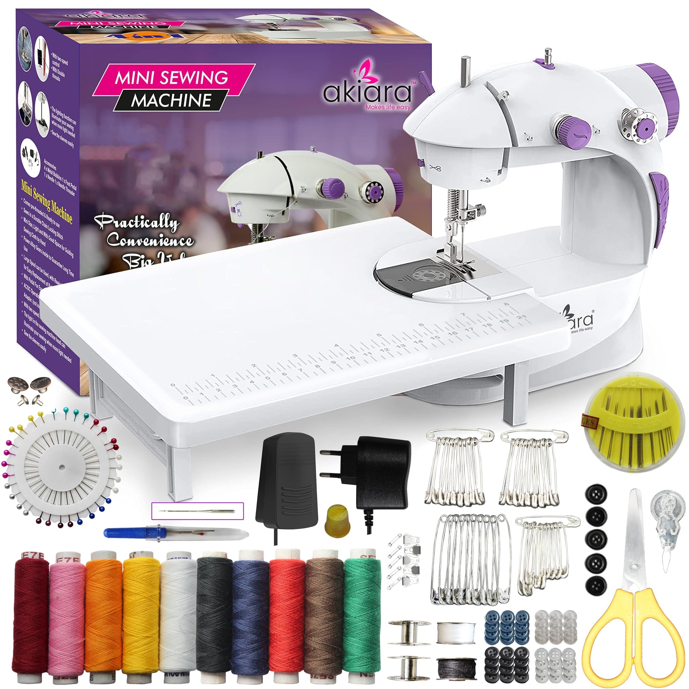 Akiara - Makes life easy Mini Sewing Machine with Table Set | Tailoring Machine | Hand Sewing Machine with extension table, foot pedal, adapter, White (With KIT)