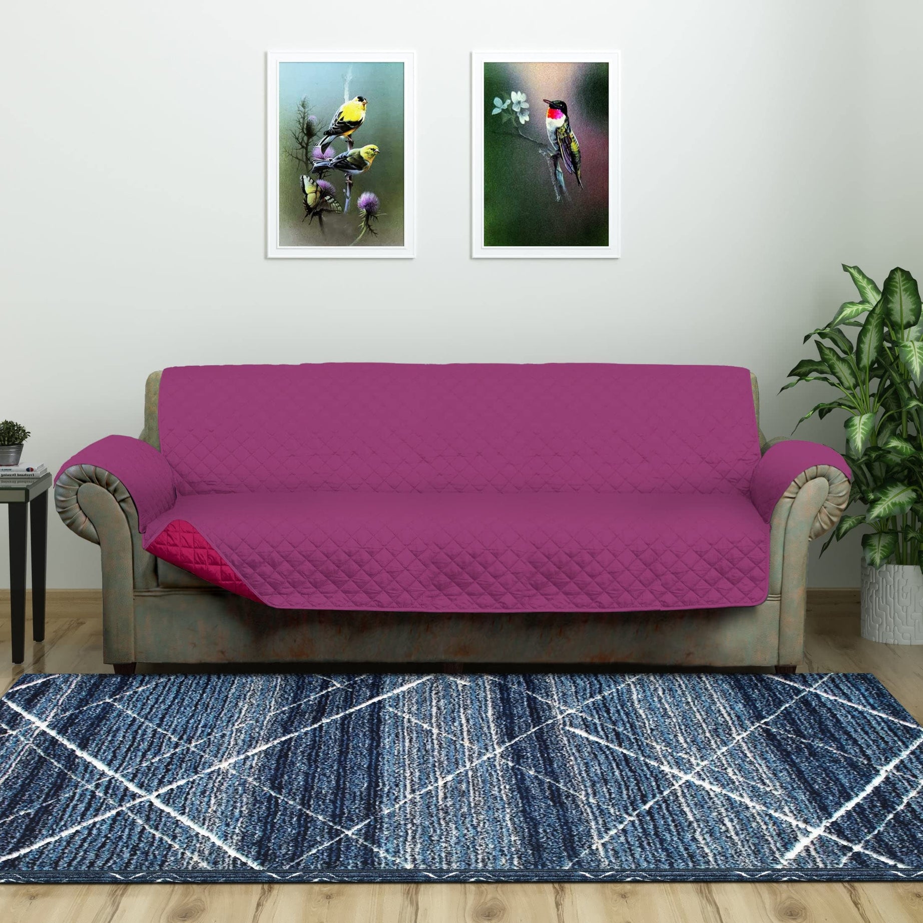 @home by Nilkamal Solid Polyester 3 Seater Sofa Cover | Reversible & Quilted Sofa Cover | Washable Couch Cover with Non Slip Foam| Set of 1-179 x 279 cm | Lavendar & Fuscia