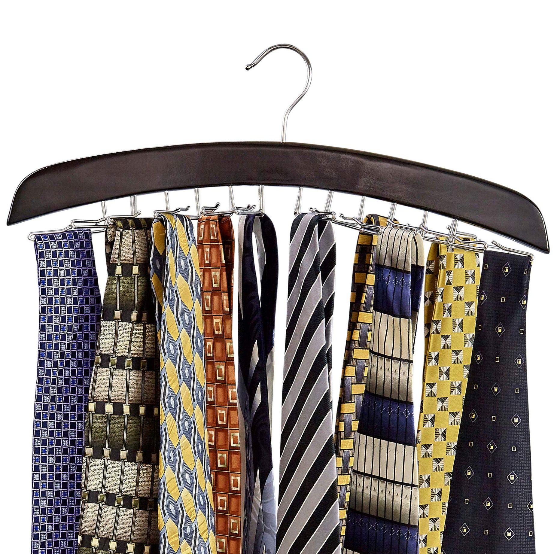 Richards Homewares Wooden Tie Rack Hanging Organizer for Mens Closet Accessories, Space Saving Necktie Holder for Storage and Display, Holds 24 Ties, Walnut Wood with Chrome Accents