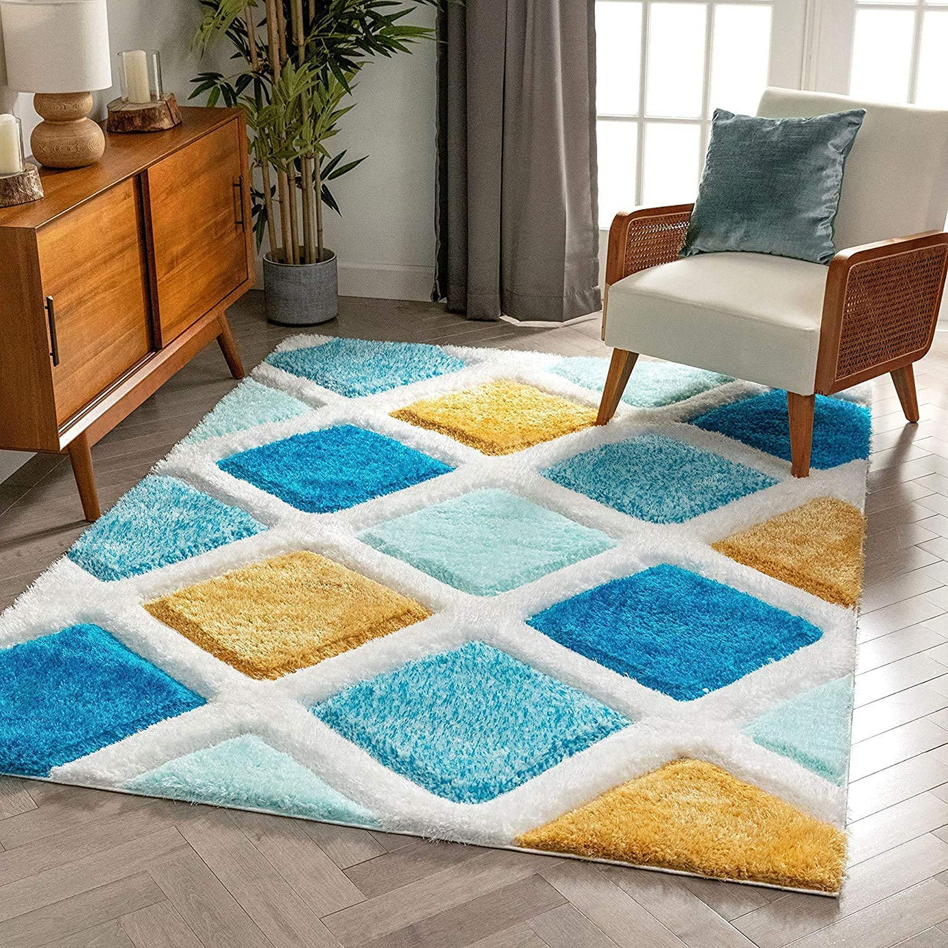 GEM CARPETS Modern Soft Shaggy Rugs Fluffy Home Decorative Carpet for Living Room 2-inch Thick Carpet, Home Decor Shaggy Carpet(BLUE YELLOW WHITE,3X5 FEET)