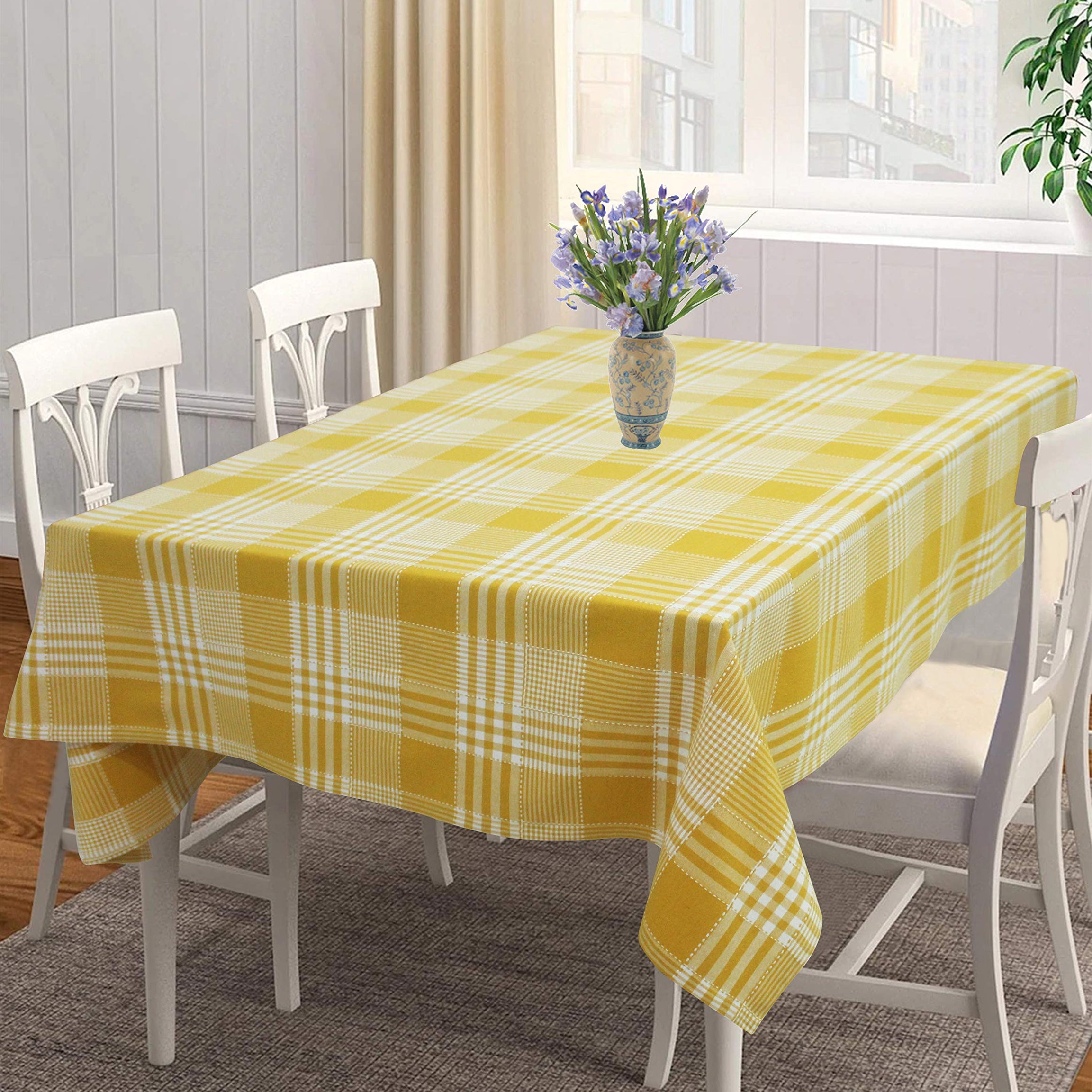 AIRWILL 100% Cotton Checkered Pattern 4 Seater Square Table Cover Sized, 56x56 inches (Yellow,White, Pack of 1)