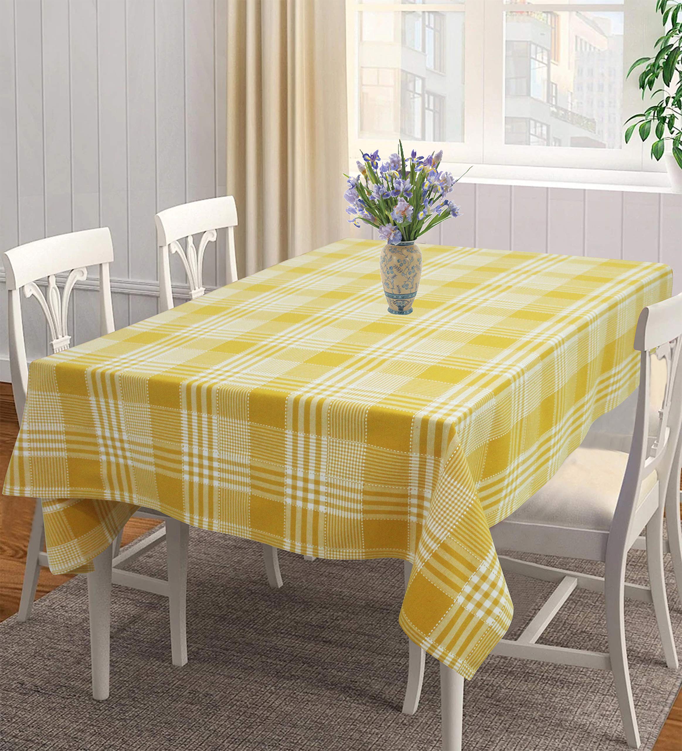 AIRWILL 100% Cotton Checkered Pattern 4 Seater Square Table Cover Sized, 56x56 inches (Yellow,White, Pack of 1)