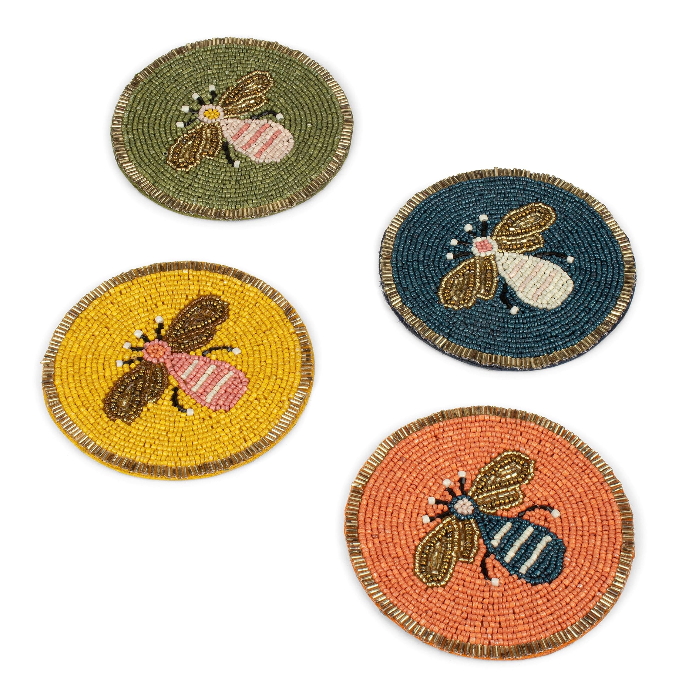 Dreamy Walls Glass Bead Coasters- 4” Honeybee Coaster for Drinks, Cocktails, Coffee - Set of 4, Round Decorative Boho Design for Table Décor, Ideal for Everyday Use - Great Gift for Friend