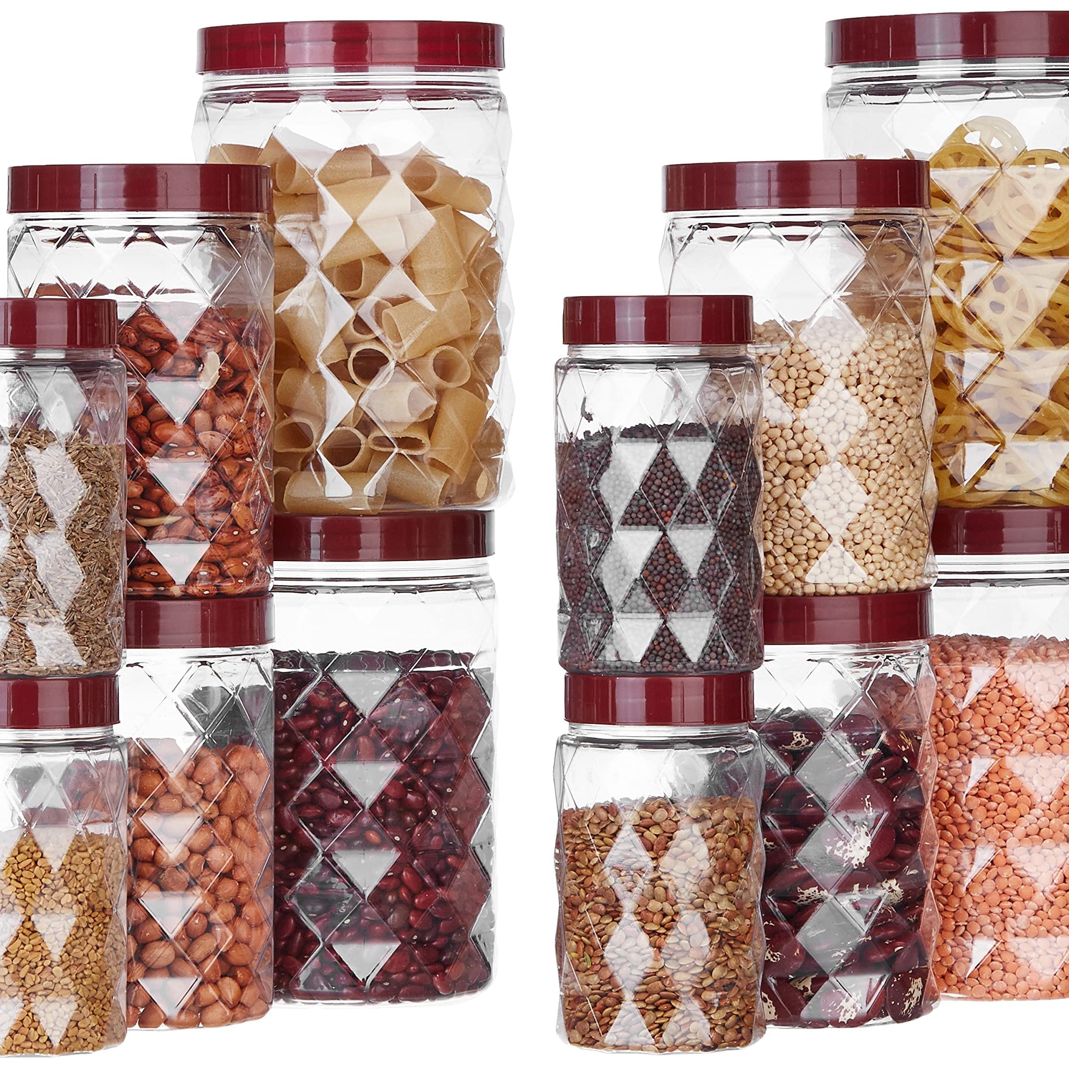 Amazon Brand - Solimo Plastic Pet Storage Jar and Container, Set of 12 (4 pcs x 300 ml, 4 pcs x 600 ml, 4 pcs x 1.2 ltrs Each) Red Wine | Air Tight | Kitchen Organiser | BPA Free | Stackable