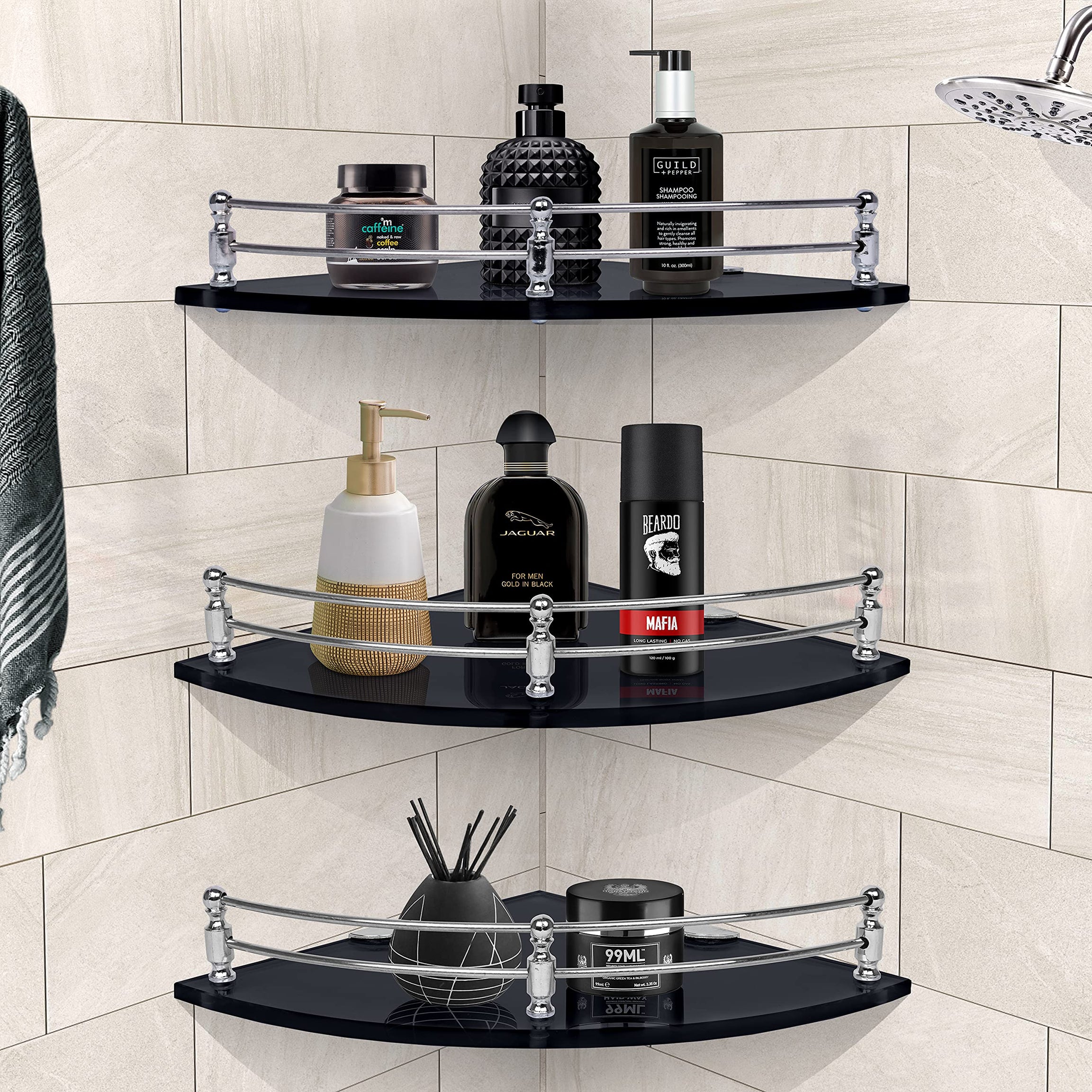 Plantex Bathroom Shelf/Bathroom Corner Organizer Shelf/Black Glass Corner Shelf for Living Room (9x9 Inches - Pack of 3)