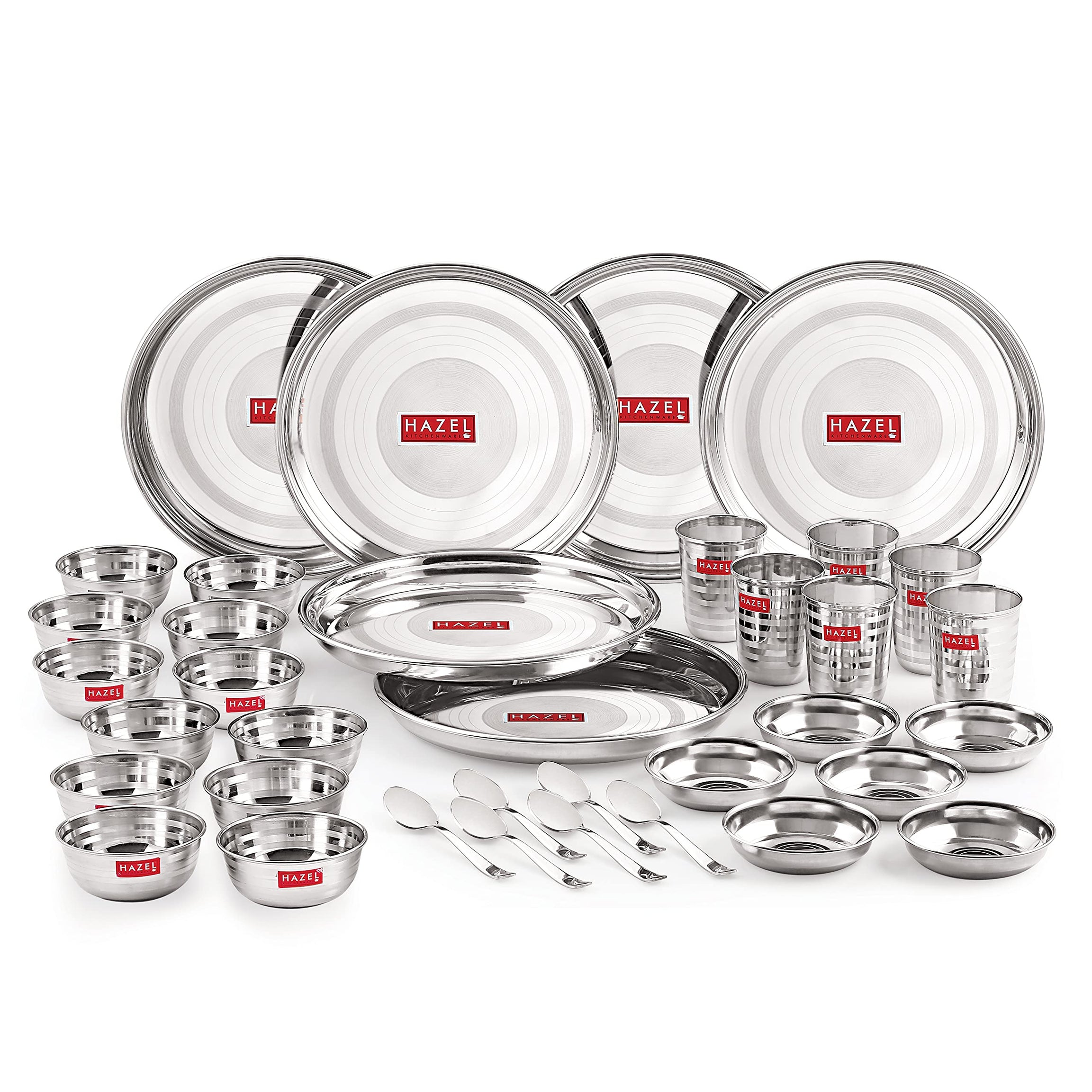 HAZEL Stainless Steel Dinner Set of 36 Pieces | Dinner Set Steel (6 Steel Plate, 12 Bowl, 6 Spoon Set, 6 Dessert Plate, 6 Steel Glass) 36 Pieces