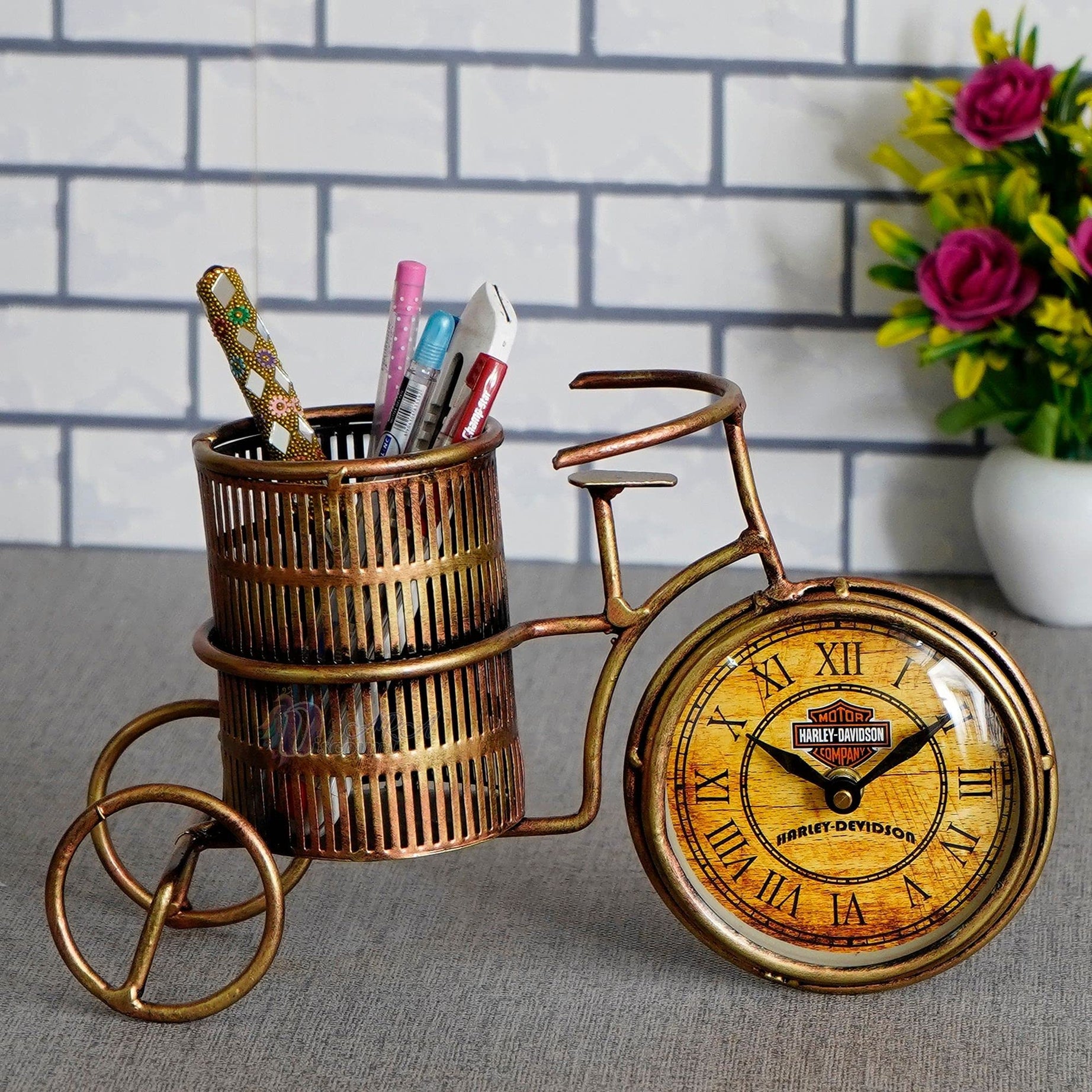 Discount ARA Iron Antique Pen Holder With Clock/Pen Holder For Office And Home Decoration, Gold