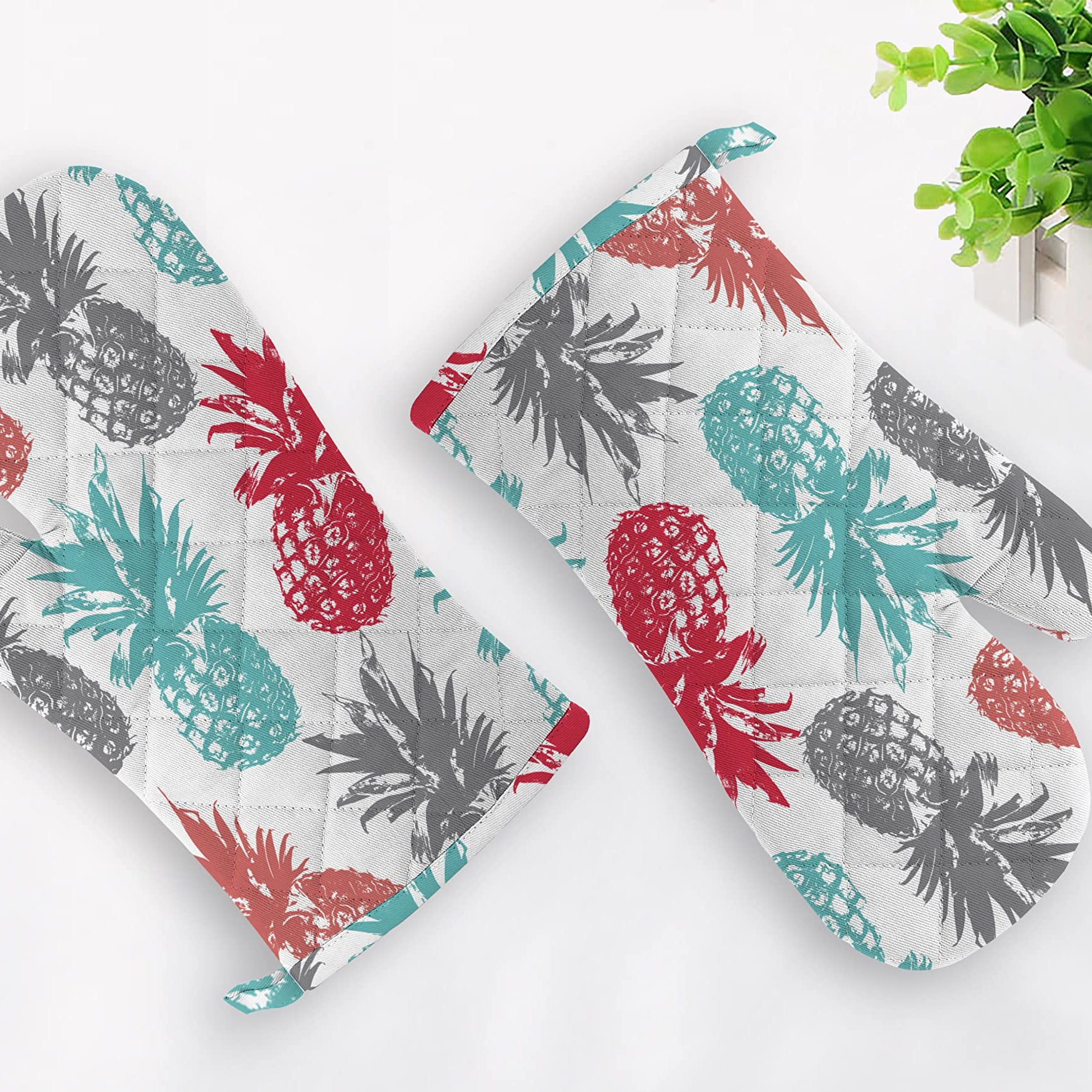 Oasis Home Cotton Shell with Inner Polyester Printed Glove Set - Pineapple (Pack of 2)