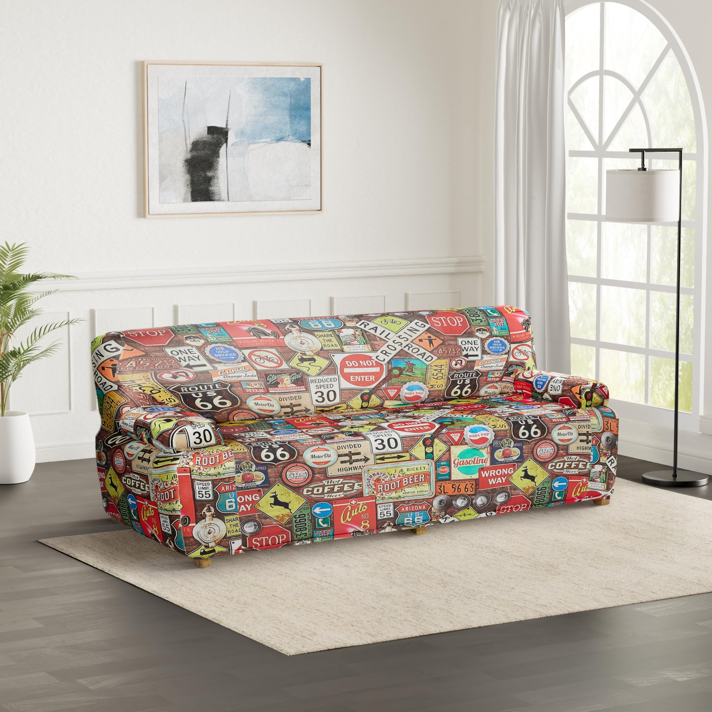 Amazon Brand - Solimo Polyester Streachable Retro Printed Road Signal Sofa Cover (Three Seater Sofa Cover,Red)