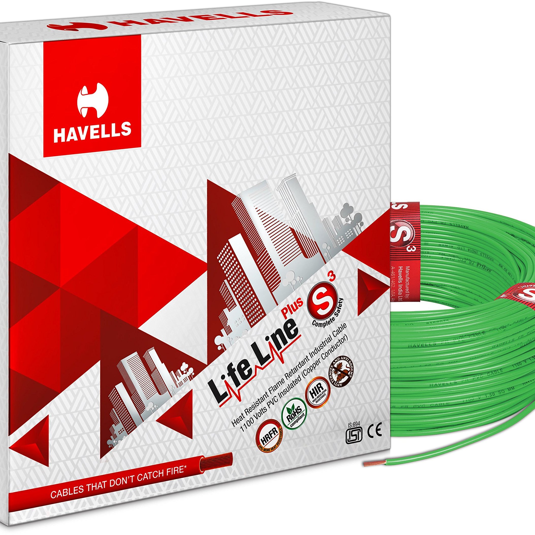 Havells Life Line Plus S3 0.75 sq mm PVC HRFR Cable (Green) (WHFFDNGL1X75)