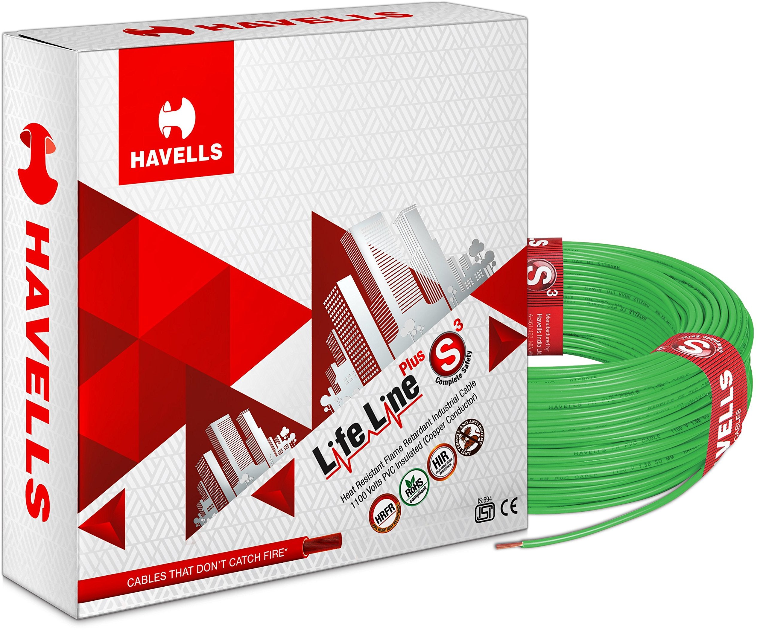 Havells Life Line Plus S3 0.75 sq mm PVC HRFR Cable (Green) (WHFFDNGL1X75)