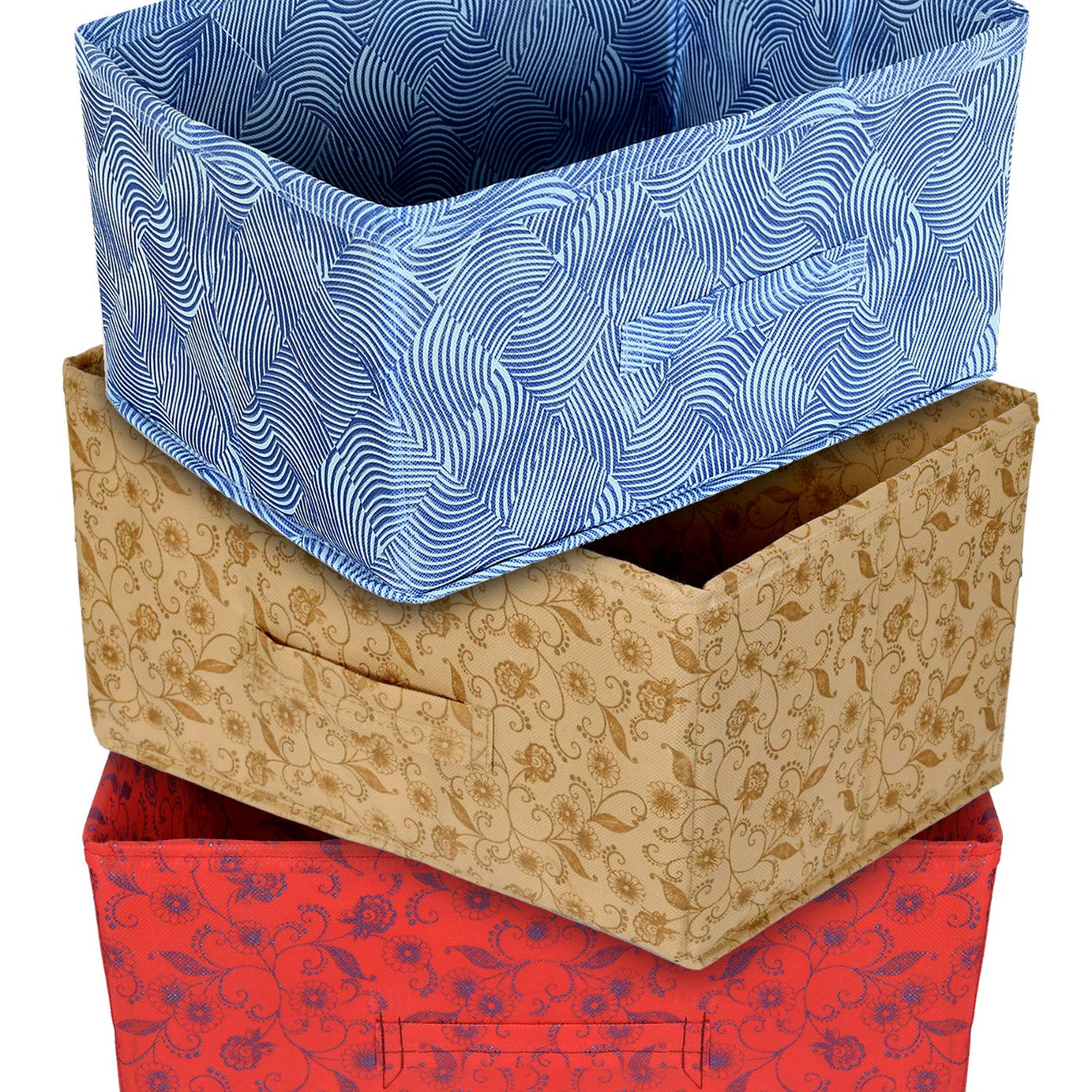 Kuber Industries Laheriya Metallic Print Rectangular Non Woven Fabric Modular Closet Organizer Box with Handle (Blue & Red & Beige, KUBMART15999, 42 x 29 x 22 cm), Set of 3