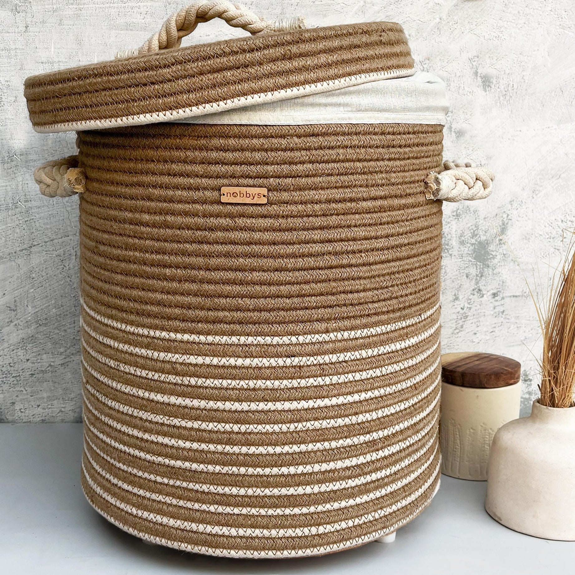 Nobbys Jute Cotton Striped Laundry Basket with Lid (14"D x 18"H) - 45 Litres,multicolour