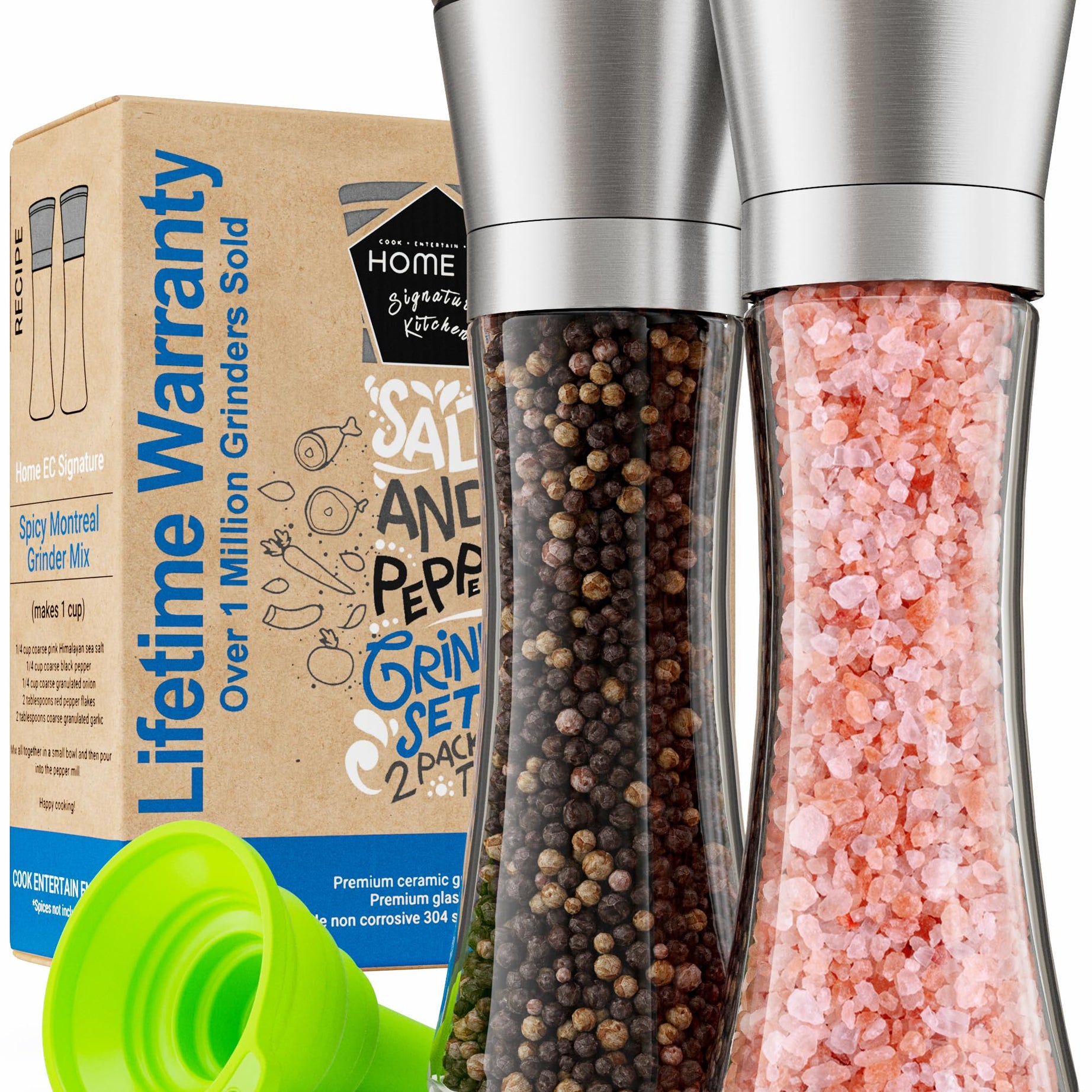 Premium Stainless Steel Salt and Pepper Grinder Set of 2 - Adjustable Ceramic Sea Salt Grinder & Pepper Grinder - Tall Glass Salt and Pepper Shakers - Pepper Mill & Salt Mill with Free Funnel & EBook