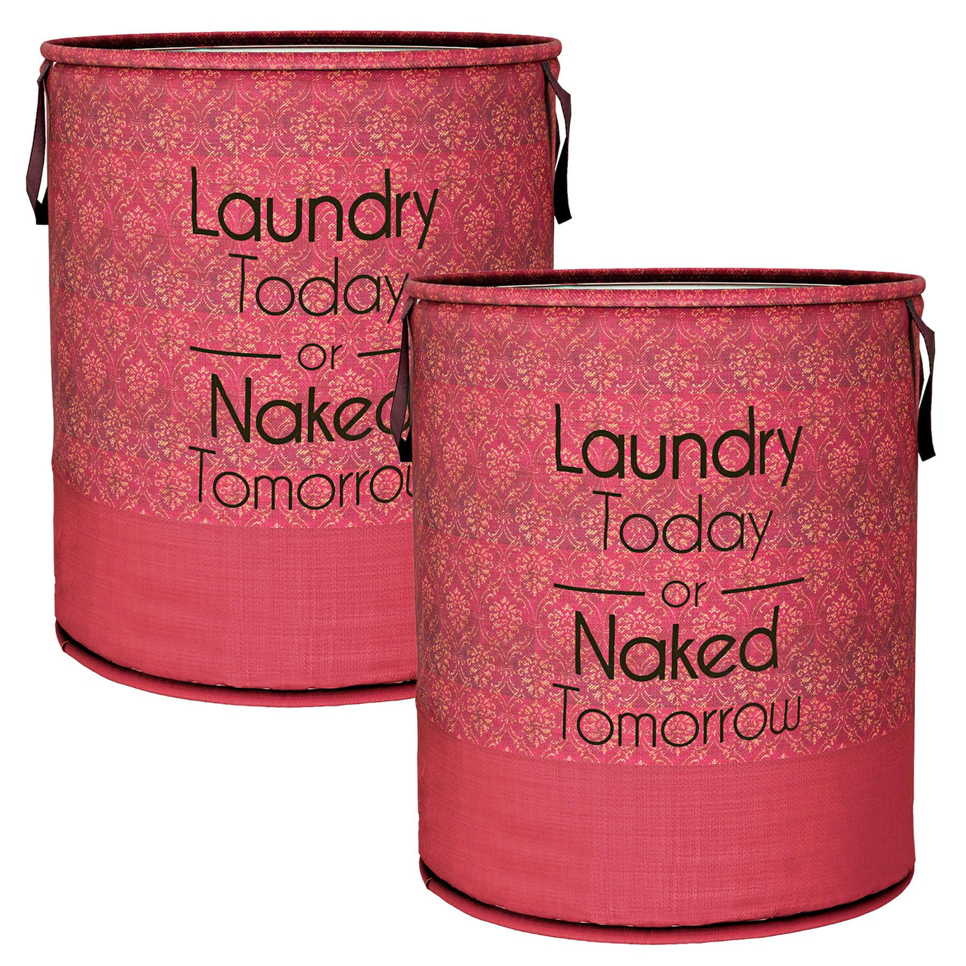 Kuber Industries Laundry Basket | Non-Woven Round Laundry Basket | Clothes Storage Hamper | Foldable Laundry Bag with Handle | Toy Storage Basket | Golden-Print | 45 LTR | Pack of 2 | Maroon