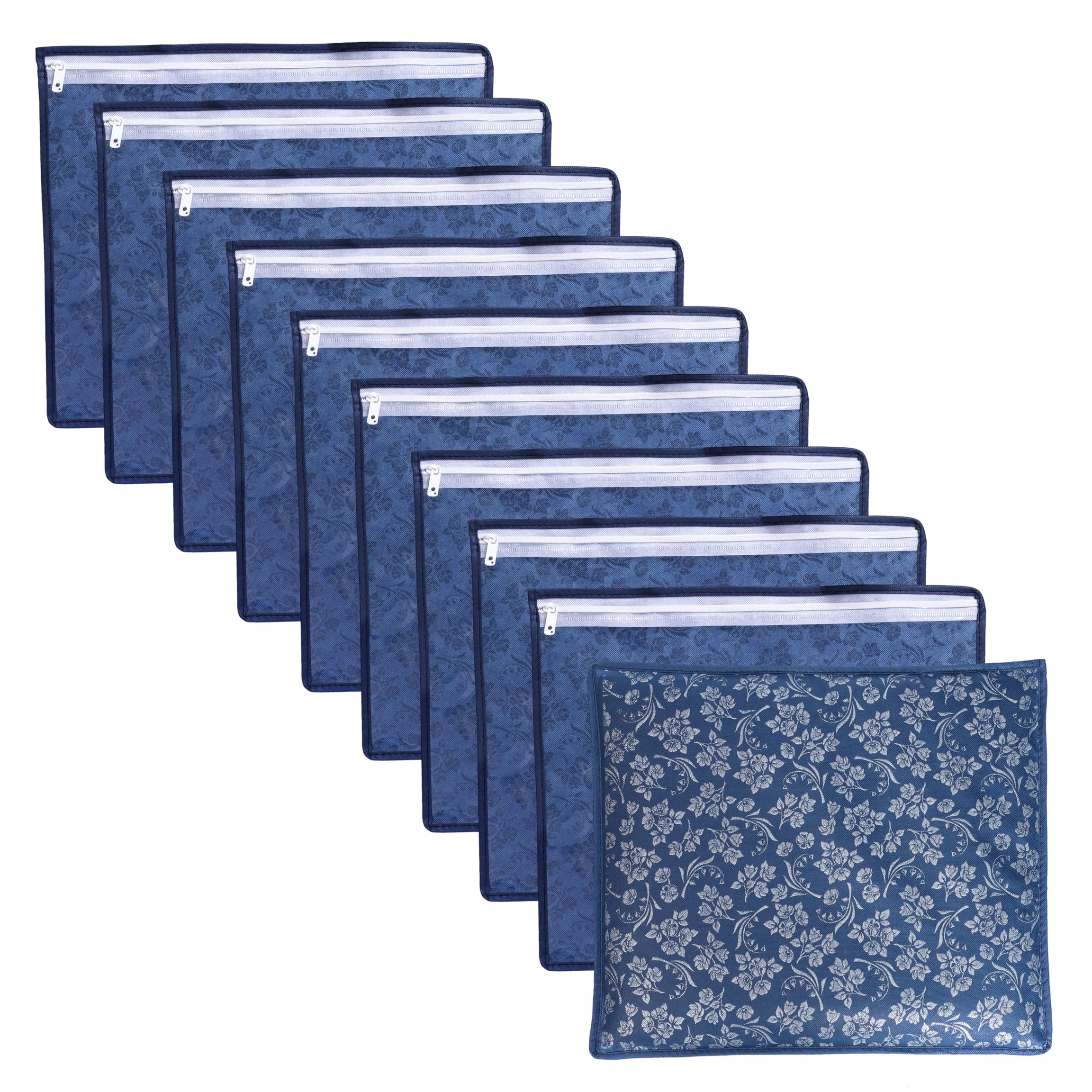 LAXIS Non-Woven Printed Single Saree Cover, Saree Bag Pack of 10Pcs, Transparent Saree Covers With Zip, Saree Covers For Storage, Wardrobe Organiser, Size-36x42x2cm (Blue)