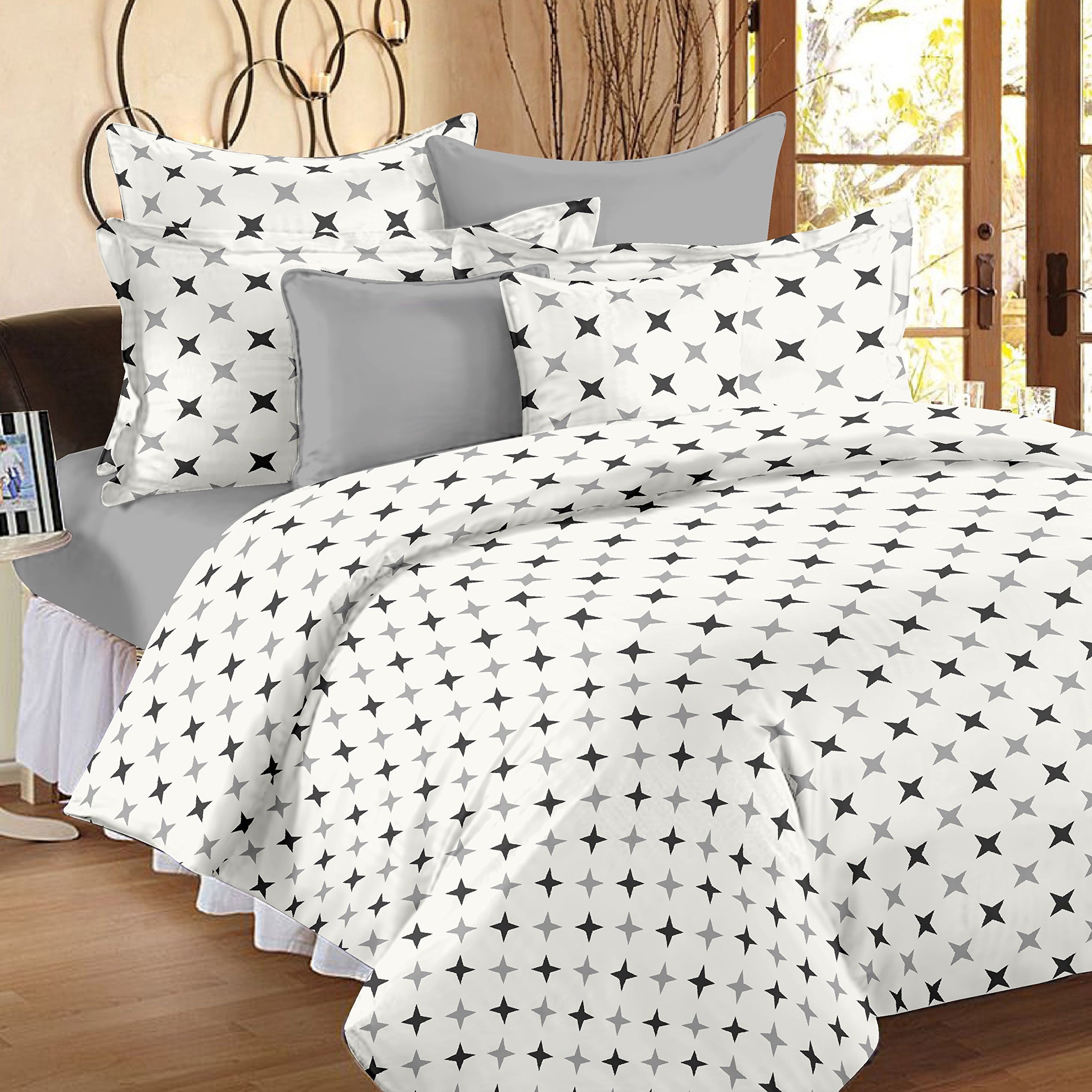 HUESLAND by Ahmedabad Cotton 144 TC Cotton Bedsheet for Double Bed with 2 Pillow Covers - White, Grey