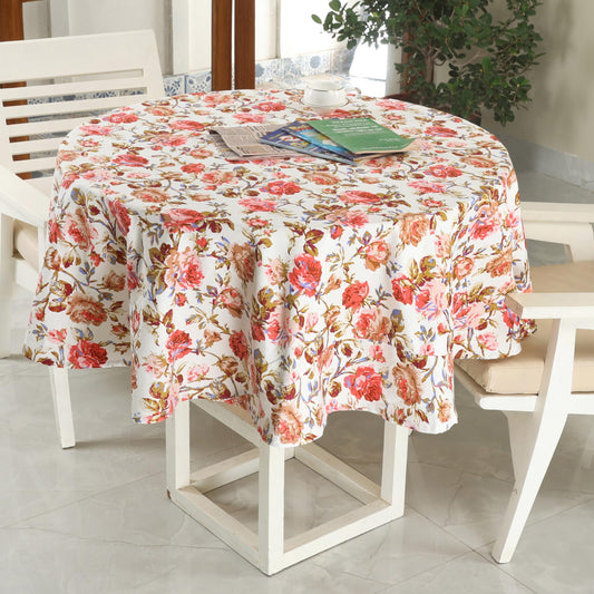 LINENWALAS Cotton Linen Printed Table Cover, 4 Seater Center Tablecloths Runner, Round Shape Drapes for Dining Room, Wrinkle Free Lightweight Washable (Diameter 60 inch, Red Rose Tulip)