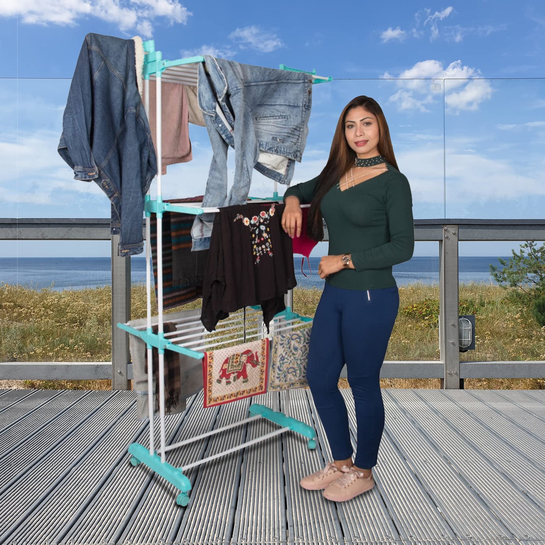 PARASNATH 6 Layers Aqua Cloth Drying Stand Rack with Breaking Wheel System Made in India - New Launch Offer