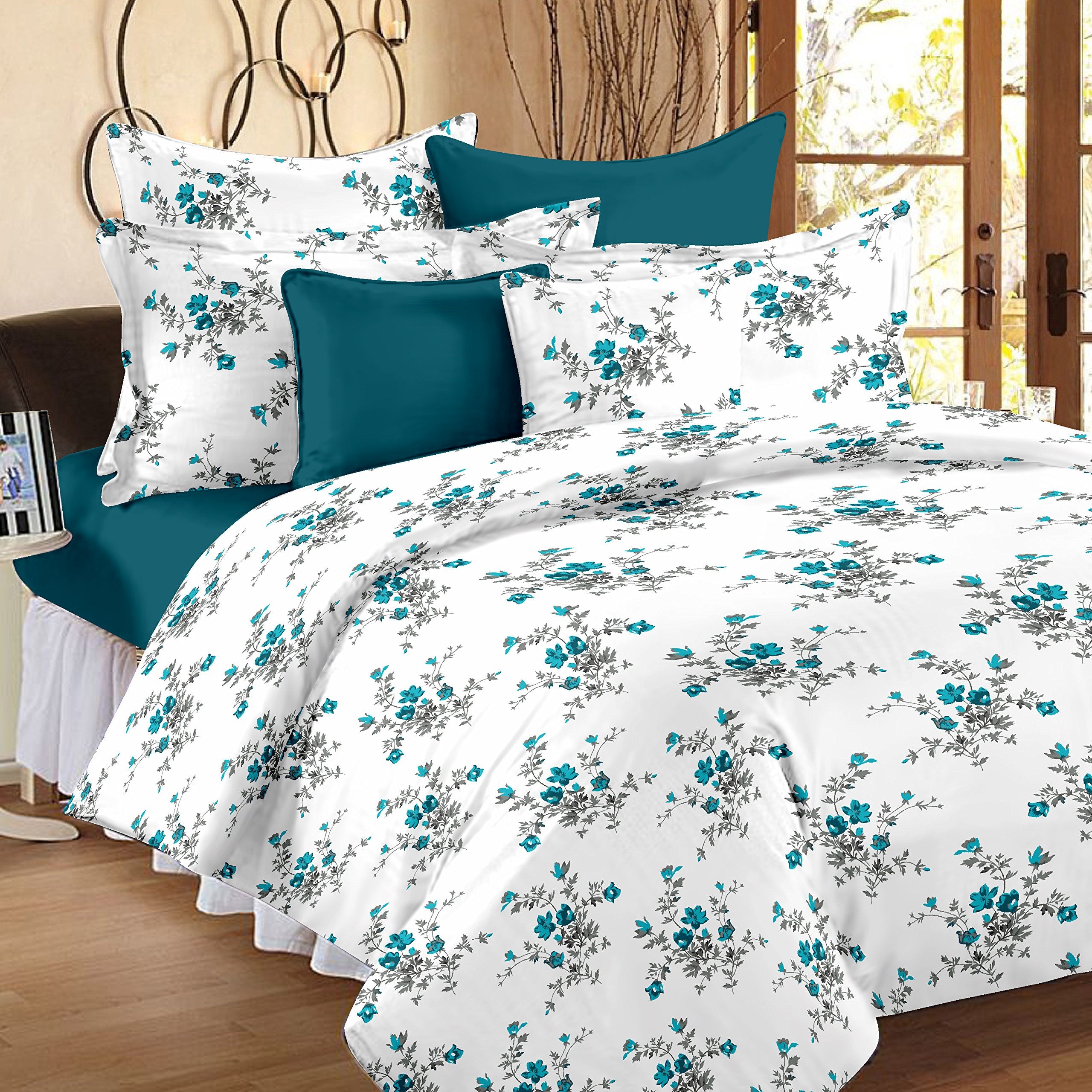 HUESLAND by Ahmedabad Cotton 144 TC Cotton Bedsheet for Double Bed with 2 Pillow Covers - White, Blue