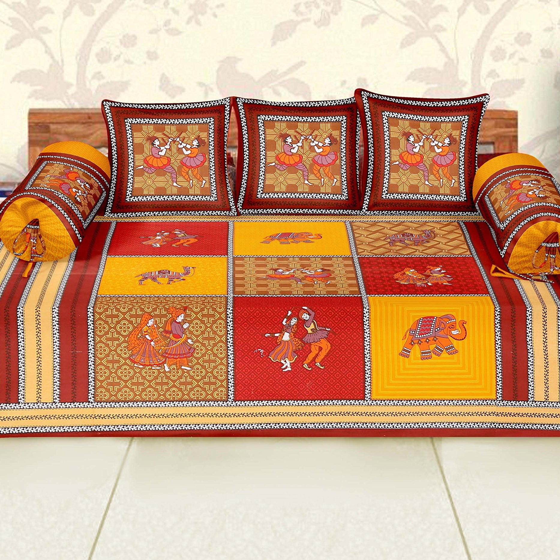 RajasthaniKart Maherab 6 Piece 144 TC Cotton Diwan Set (Red)