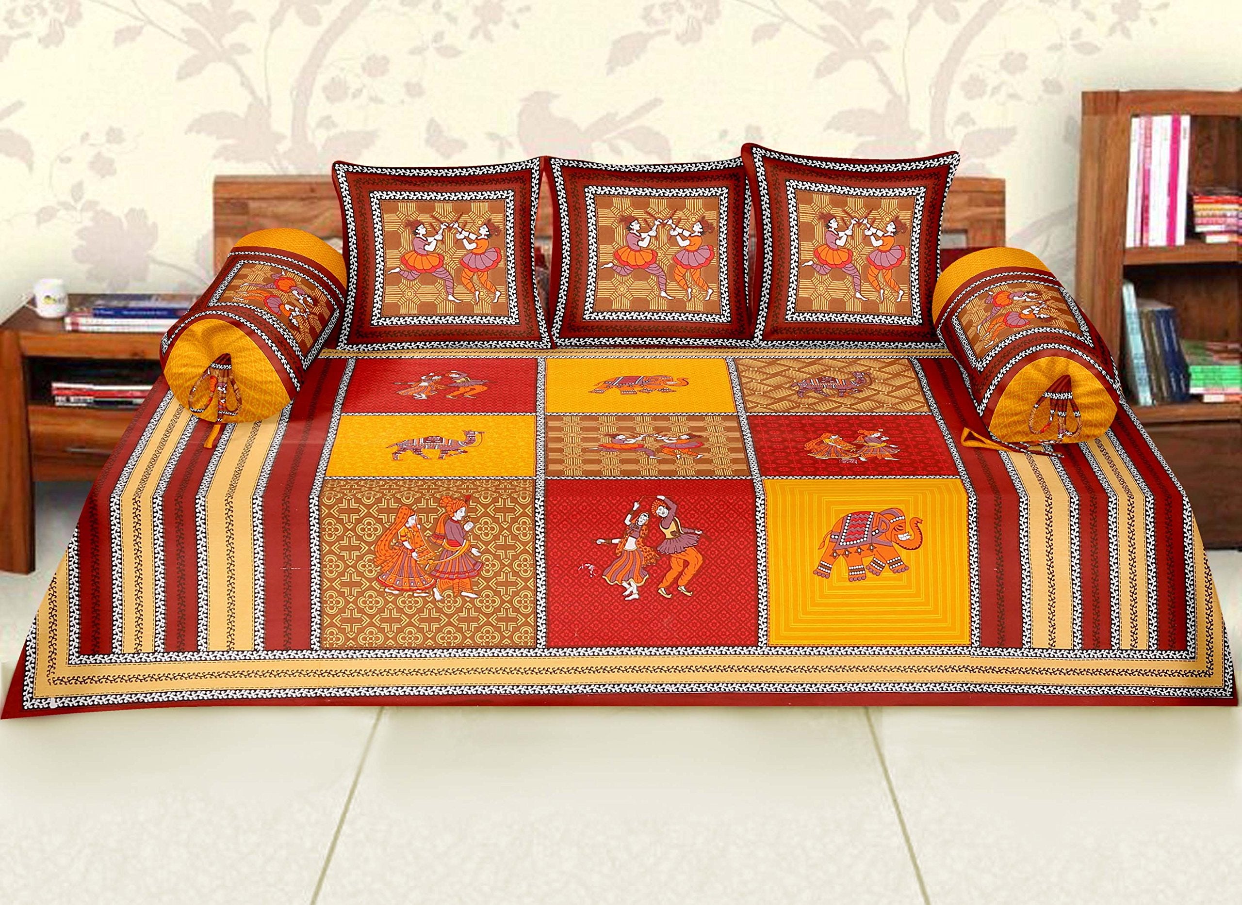 RajasthaniKart Maherab 6 Piece 144 TC Cotton Diwan Set (Red)