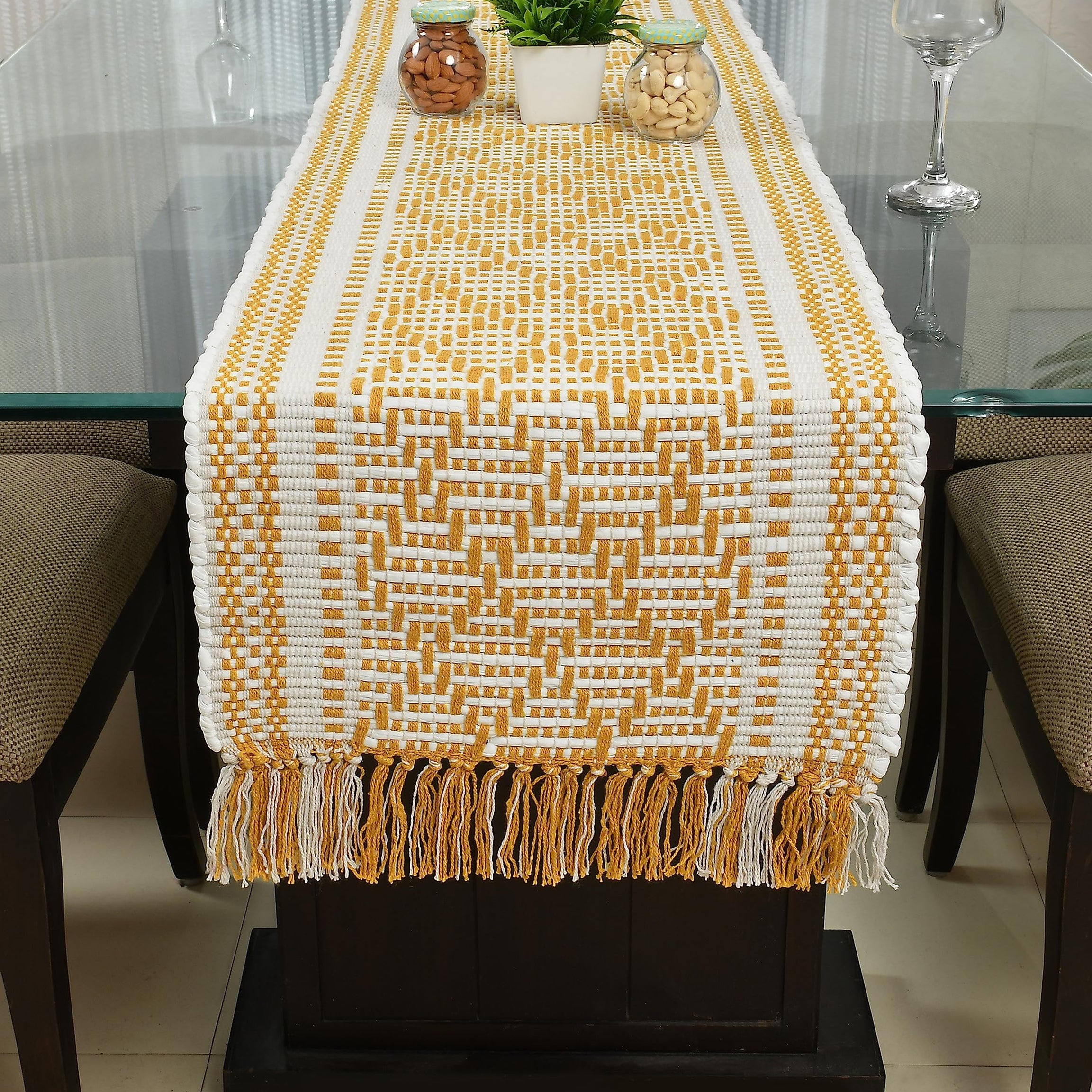 GENIUS HOMES FAB Cotton Table Runner - The Style of Our Table Linen and Dining Rooms and Eating Areas Flawlessly (14x72 inch 6 Seater, BD09) (Yellow)