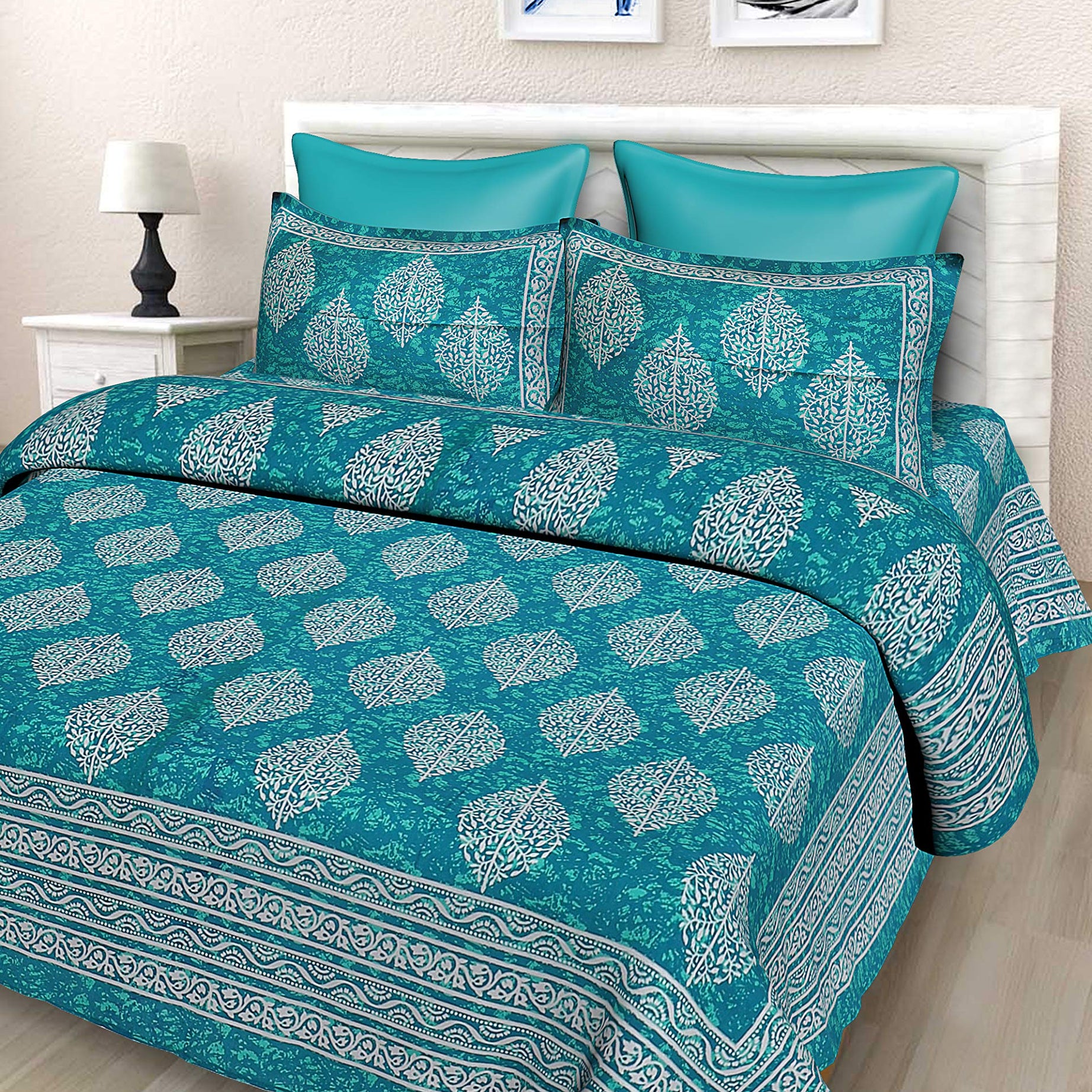 SheetKart Floral 144 TC Cotton Double Bedsheet with 2 Pillow Covers - Sea Green